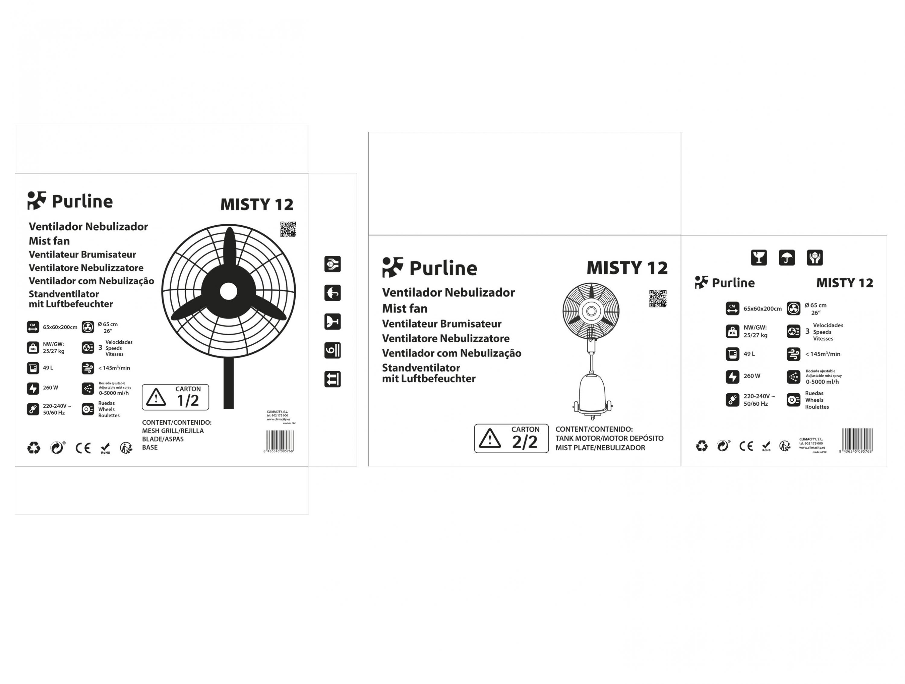Purline Mist fan mit 3 Geschwindigkeiten und 65cm Durchmesser, inkl. Zubehör.