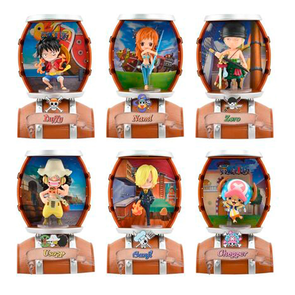Seis figuras de anime en barriles: Luffy, Nami, Zoro, Usopp, Sanji, Chopper.