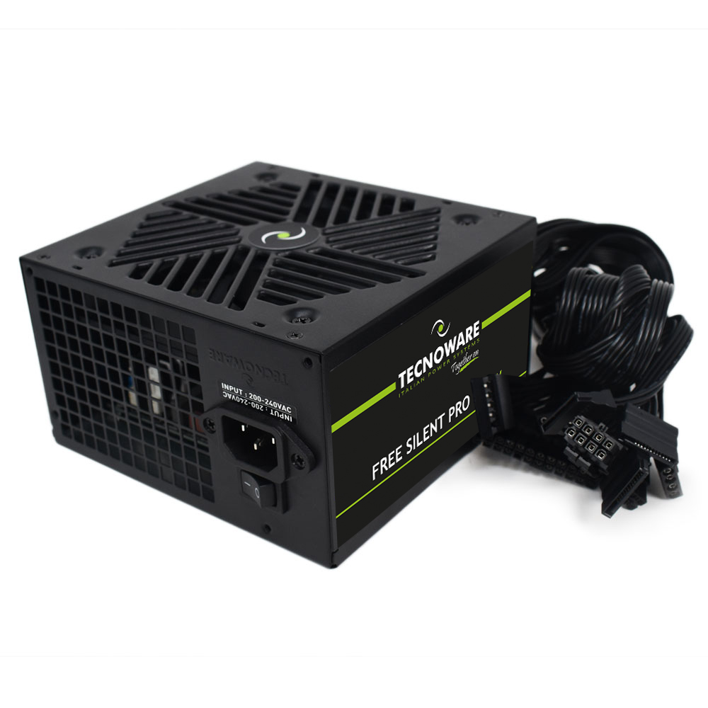 Alimentatore TECNOWARE nero con cavi e connettori.