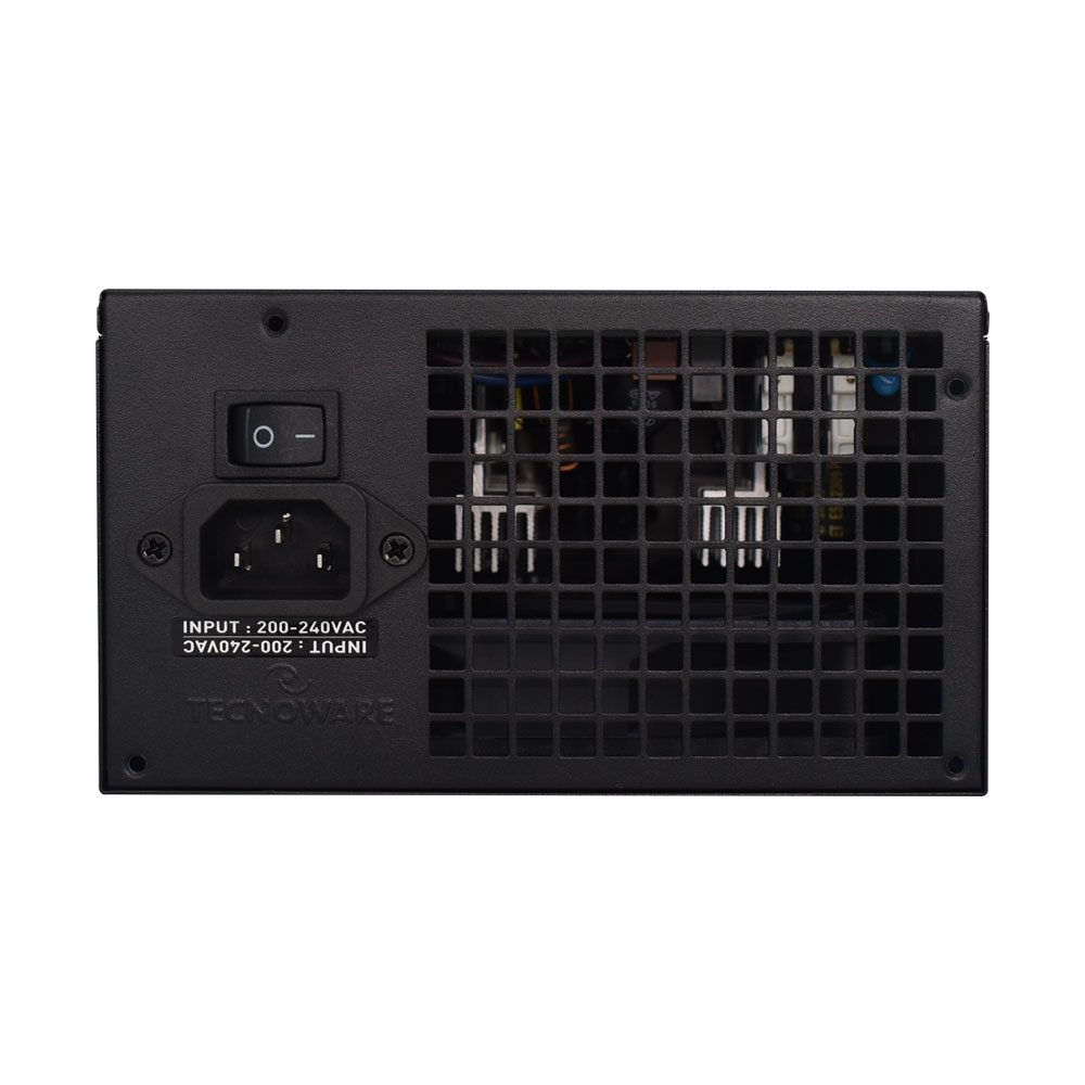 Alimentatore nero con interruttore on/off, connettore di alimentazione e griglia di ventilazione.