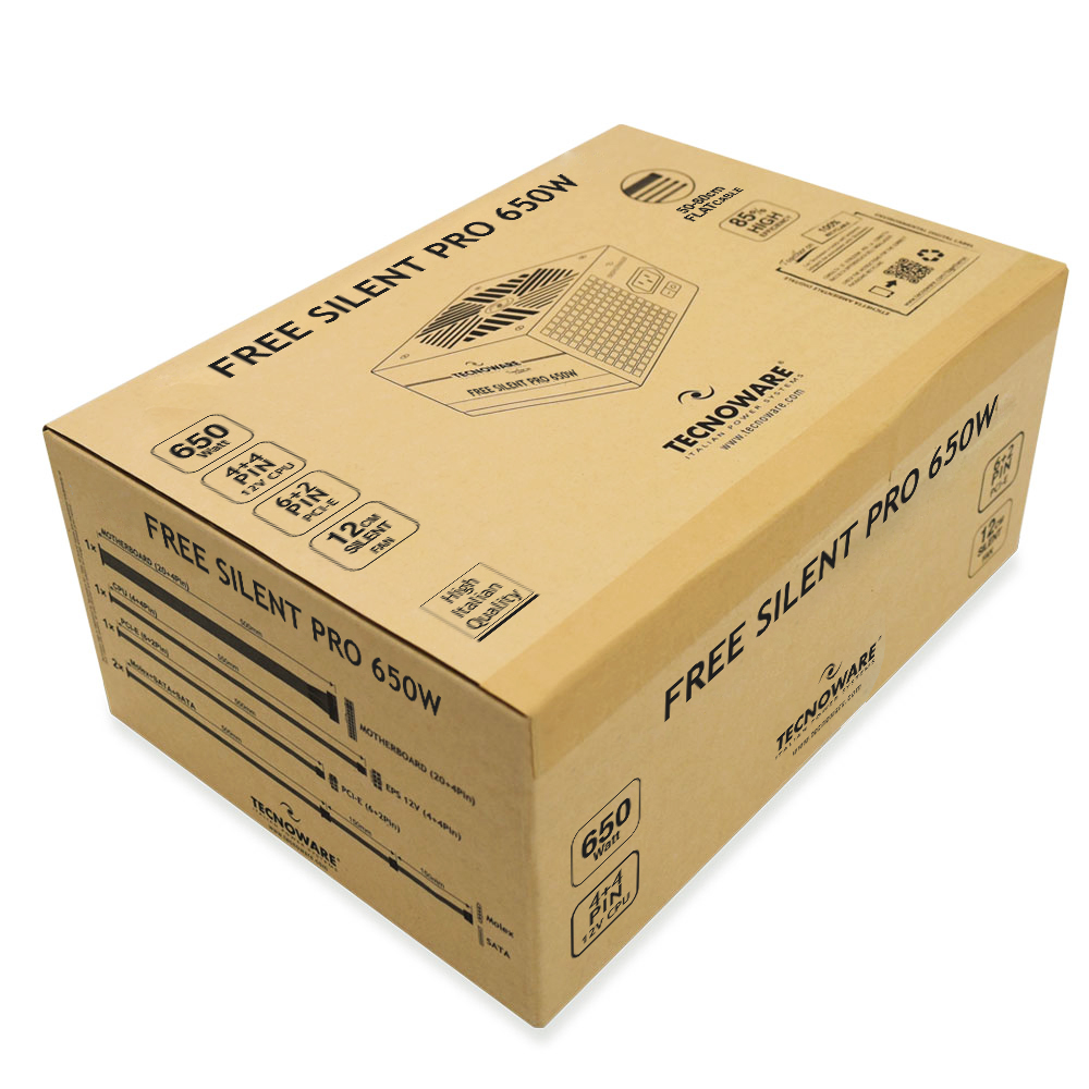 Scatola di cartone per un alimentatore TECNOWARE, modello FREE SILENT PRO 650W.