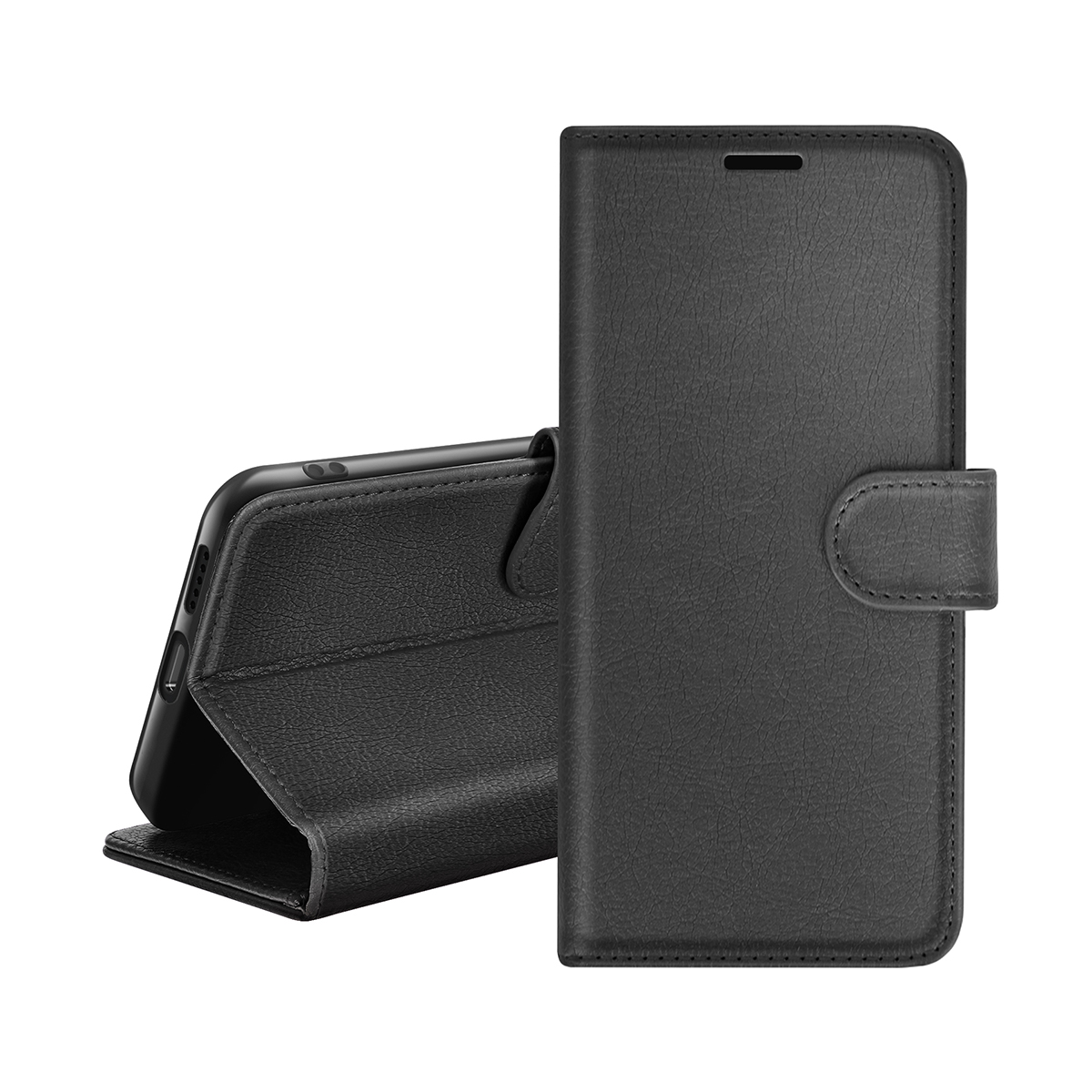 Étui à rabat en cuir noir pour smartphone, une partie est ouverte.