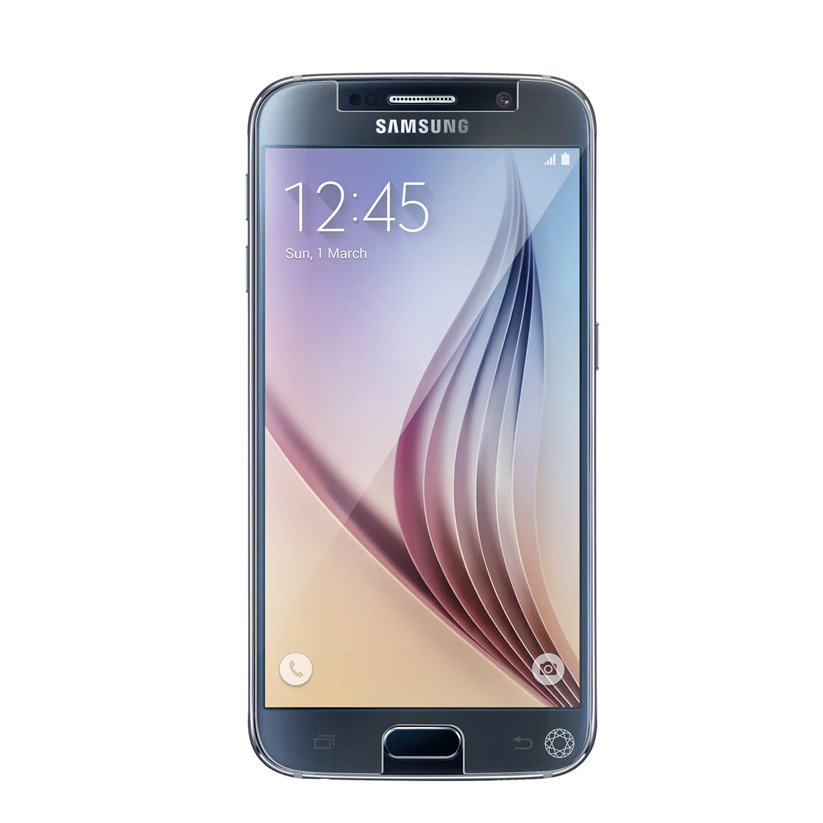 Uno smartphone Samsung argentato con schermo bloccato che mostra le 12:45.