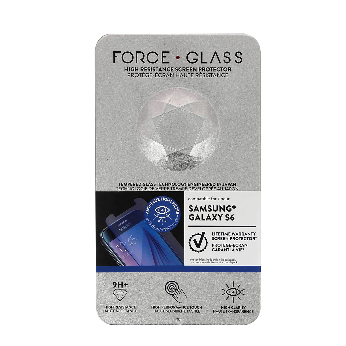 Confezione per proteggi schermo Samsung S6 in vetro temperato con logo "Force Glass".