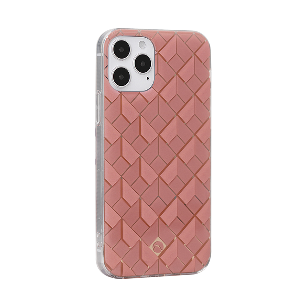 Custodia rosa per telefono con motivo geometrico e ritaglio fotocamera.