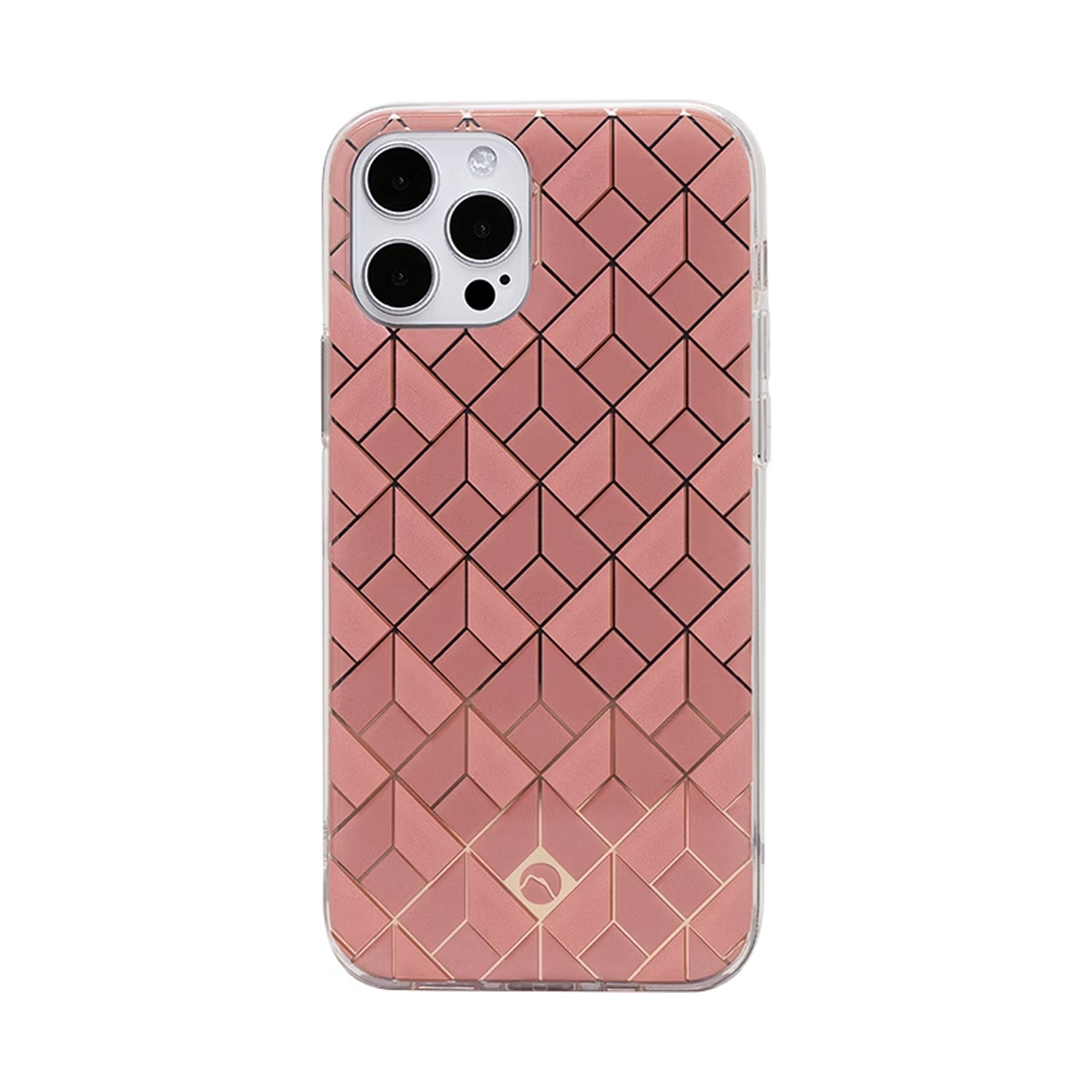 Custodia per telefono oro rosa con motivo geometrico e ritaglio fotocamera.