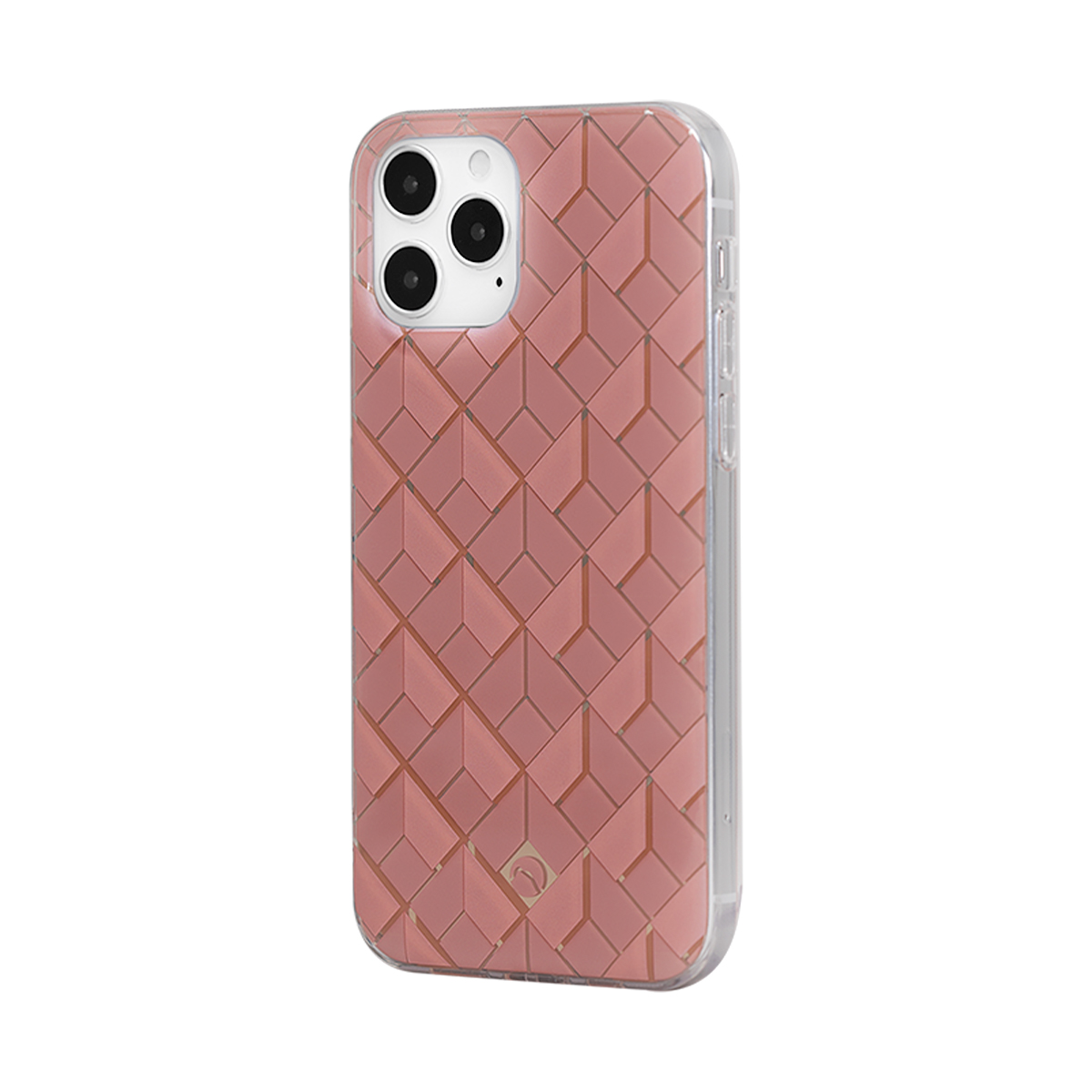 Una custodia rosa per telefono con motivo geometrico e tre fotocamere.