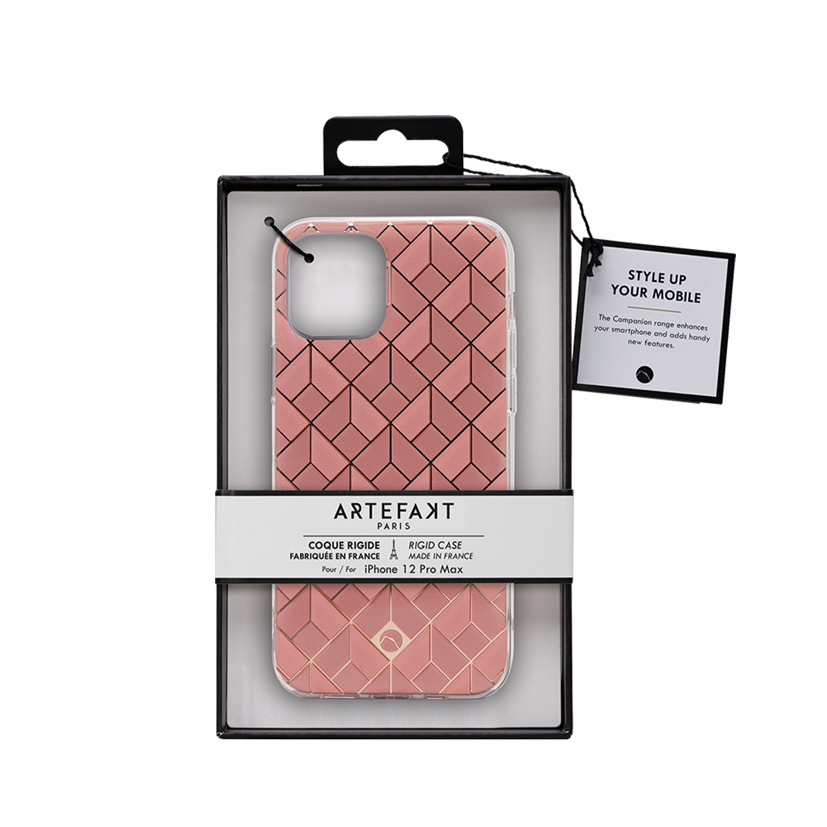 Una custodia per telefono rosa con motivo geometrico nella sua confezione.