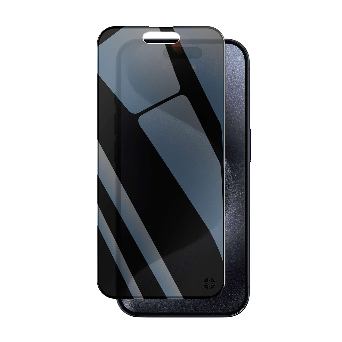 Una protezione per lo schermo nera giace su uno smartphone scuro.