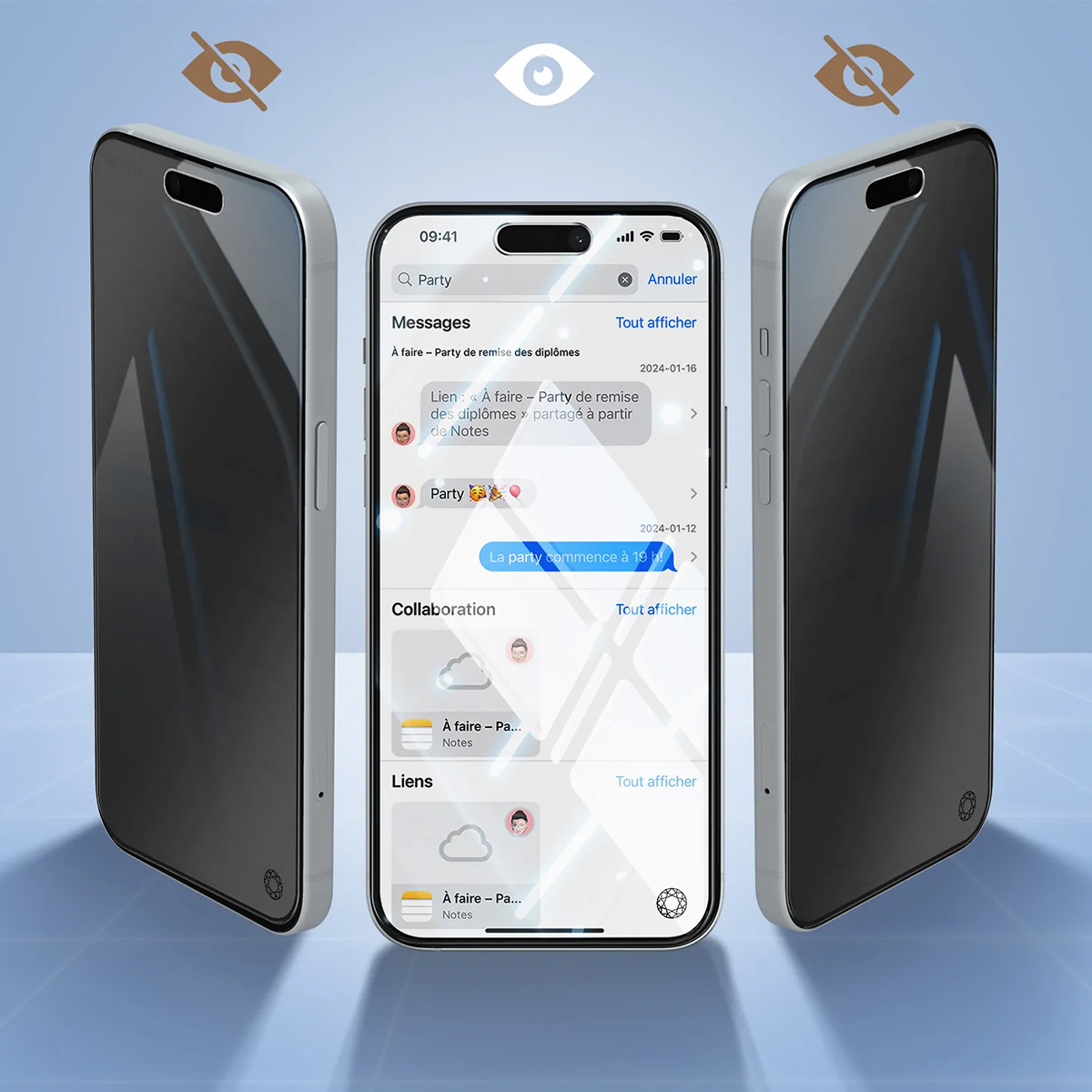 Trois iPhones, un affiche une app de chat, les autres sont sombres. Icônes de visibilité.
