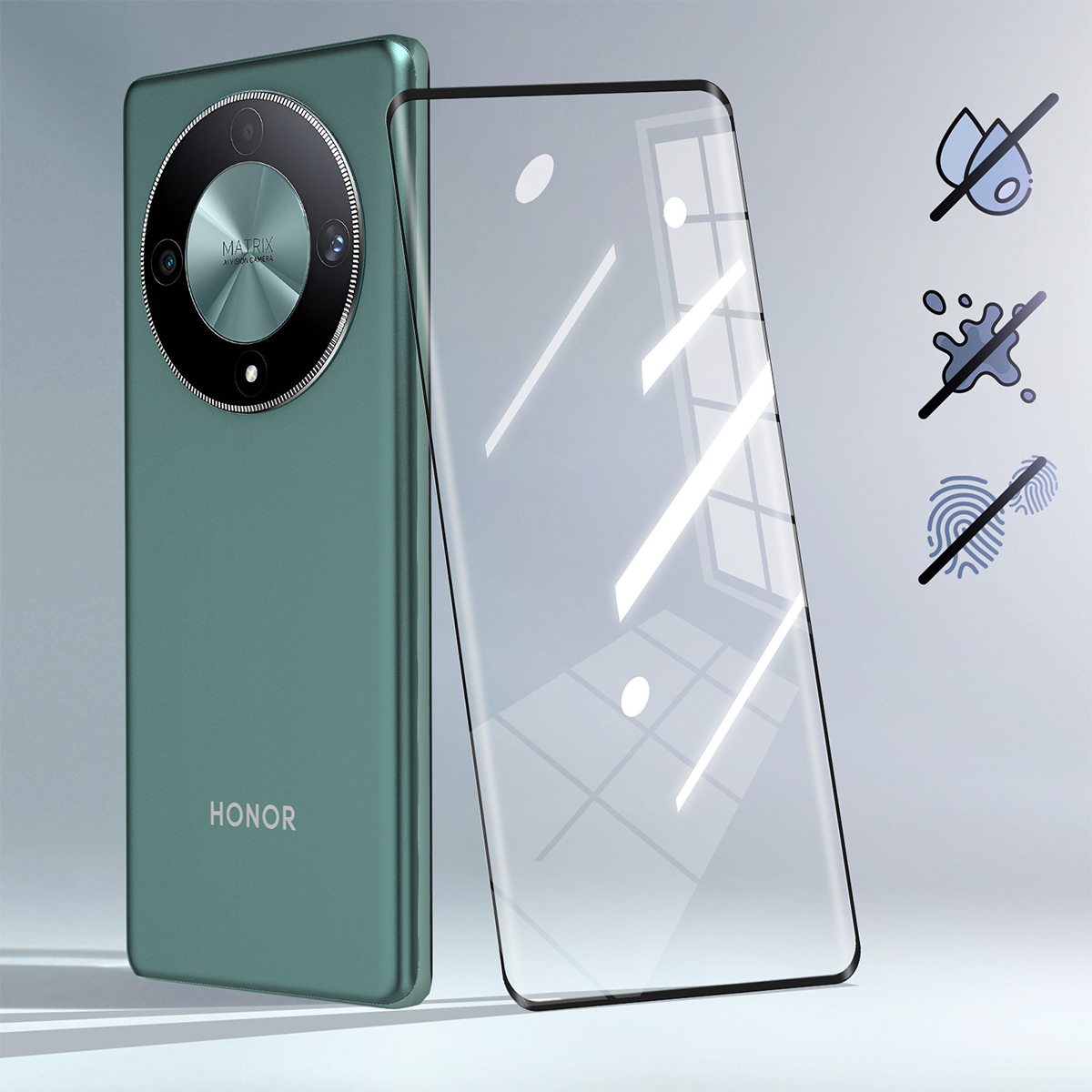 Un smartphone Honor vert avec un protecteur d'écran en verre devant. Icônes : pas de rayures, taches d'eau ou empreintes.