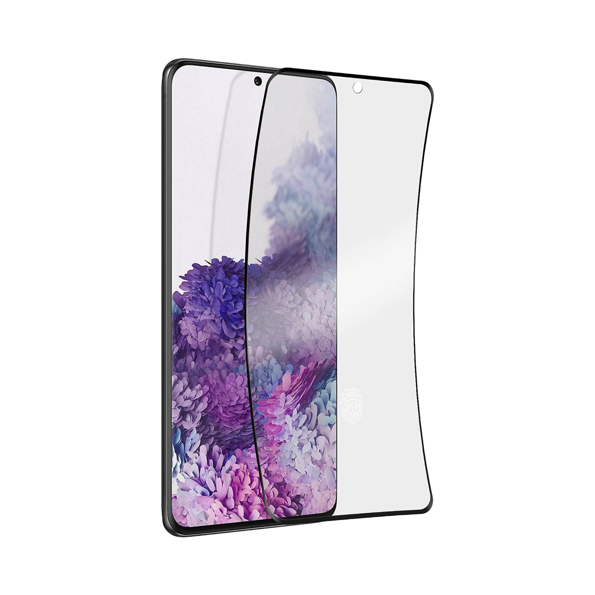Una protezione per lo schermo su uno smartphone con uno sfondo viola.