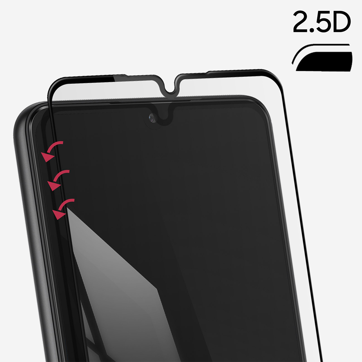 Una protezione schermo 2.5D è mostrata su uno smartphone nero con frecce rosse.