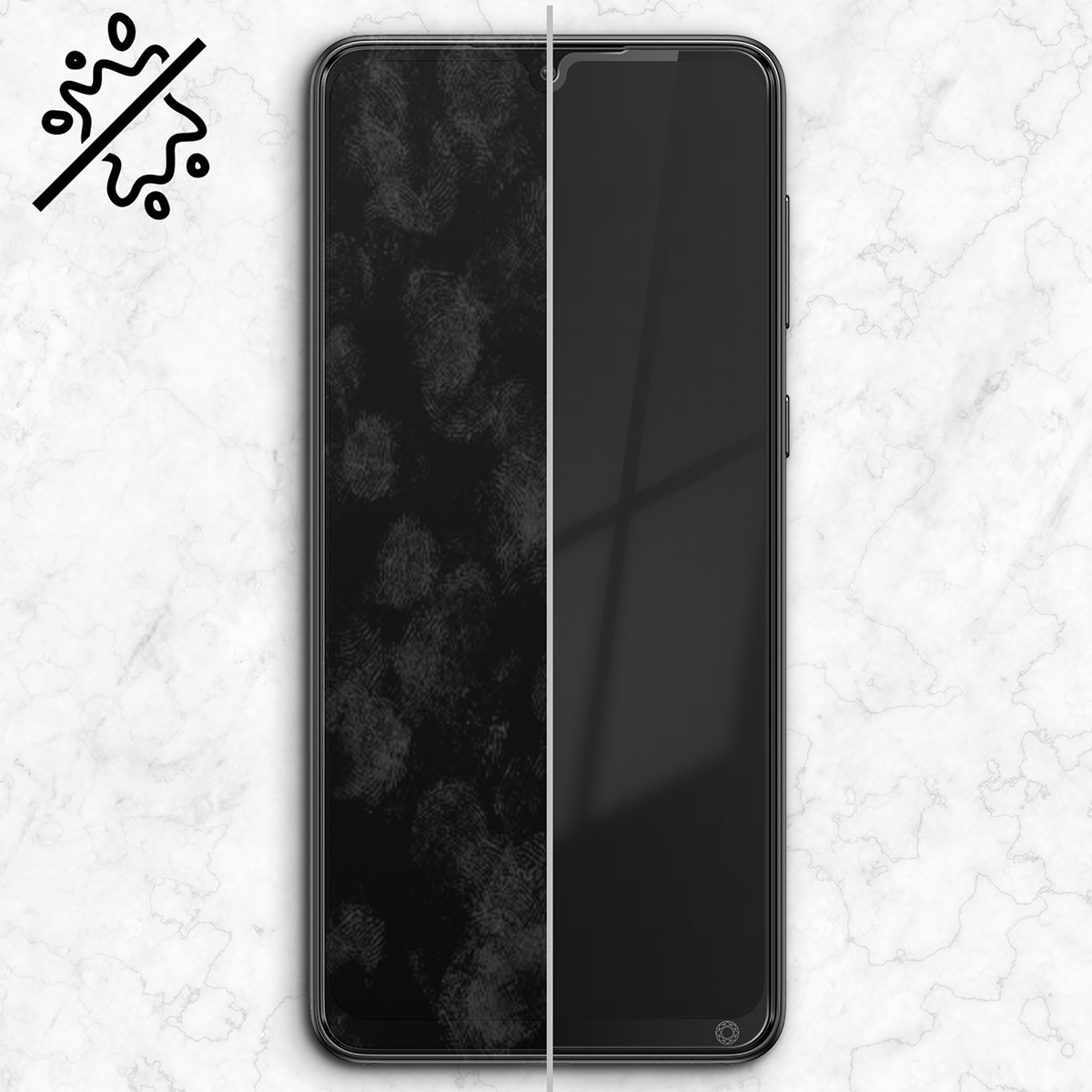 Icona anti-impronta accanto a uno smartphone, con impronte a sinistra e schermo pulito a destra.