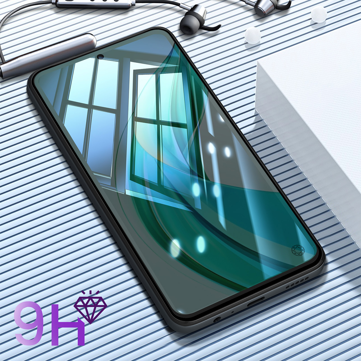 Smartphone avec écouteurs et icône diamant 9H. Lignes bleues en arrière-plan.