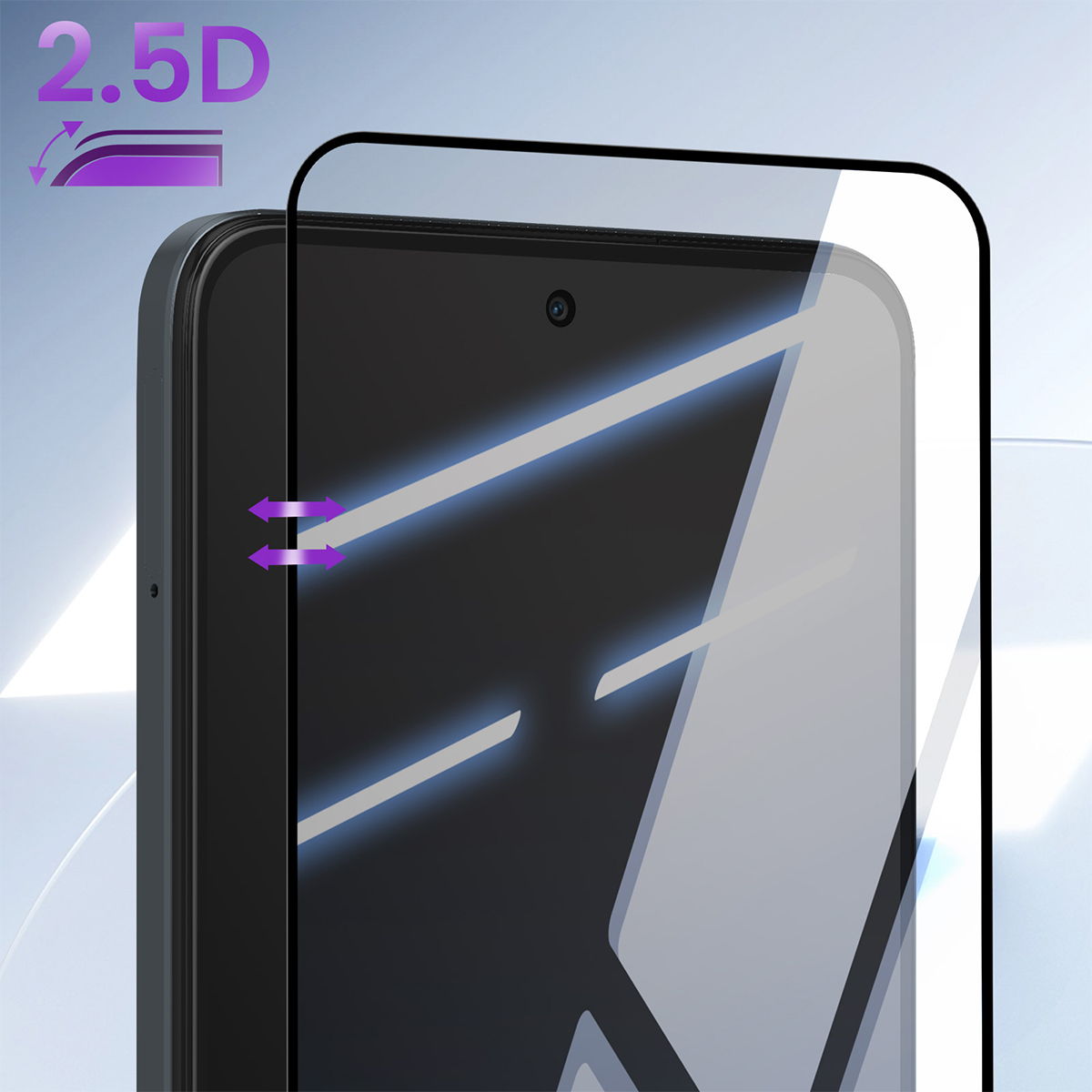 Protection d'écran 2.5D appliquée sur un smartphone avec trou pour caméra avant.