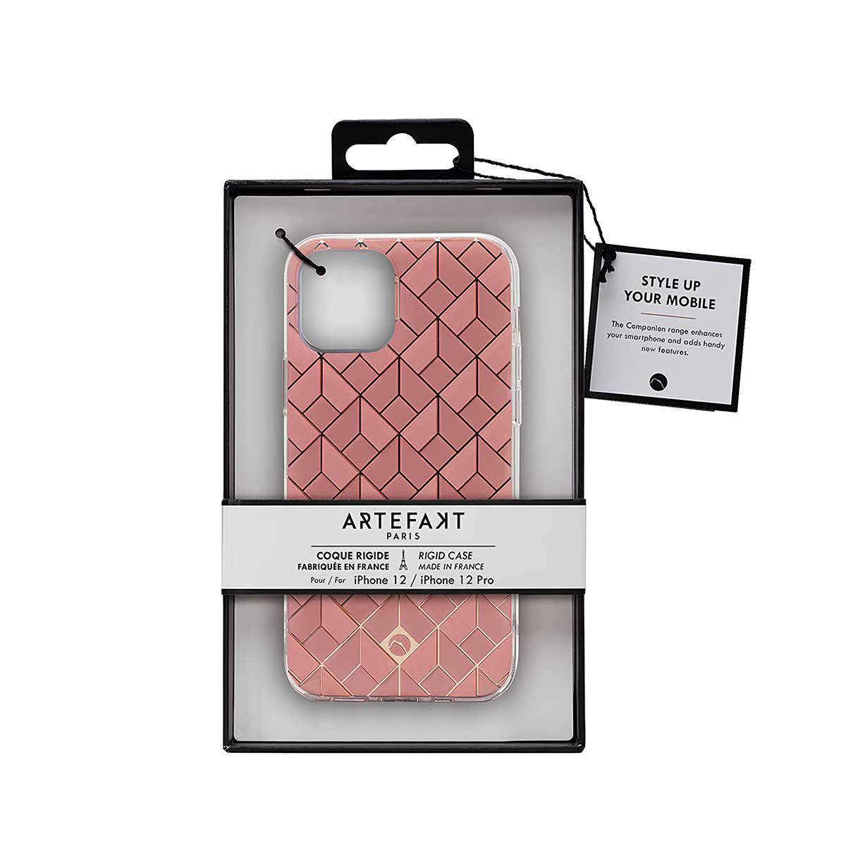 Una custodia rosa a fantasia geometrica per iPhone 12 nella sua confezione.