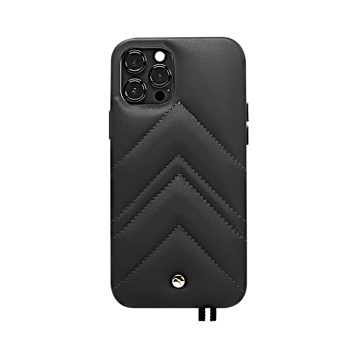 Custodia nera per telefono con motivo a zigzag trapuntato e ritaglio per fotocamera.