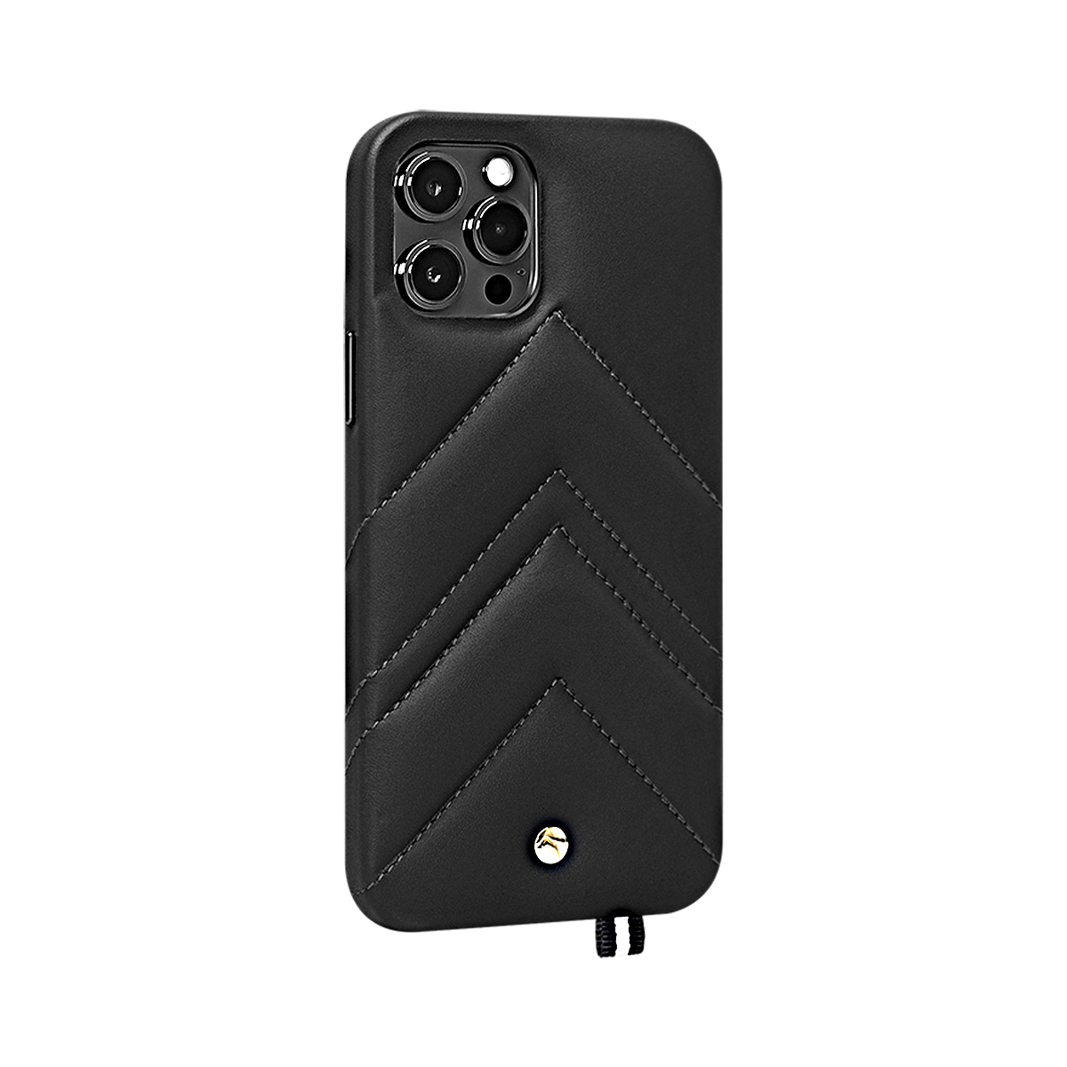 Custodia nera trapuntata per telefono con modulo fotocamera.