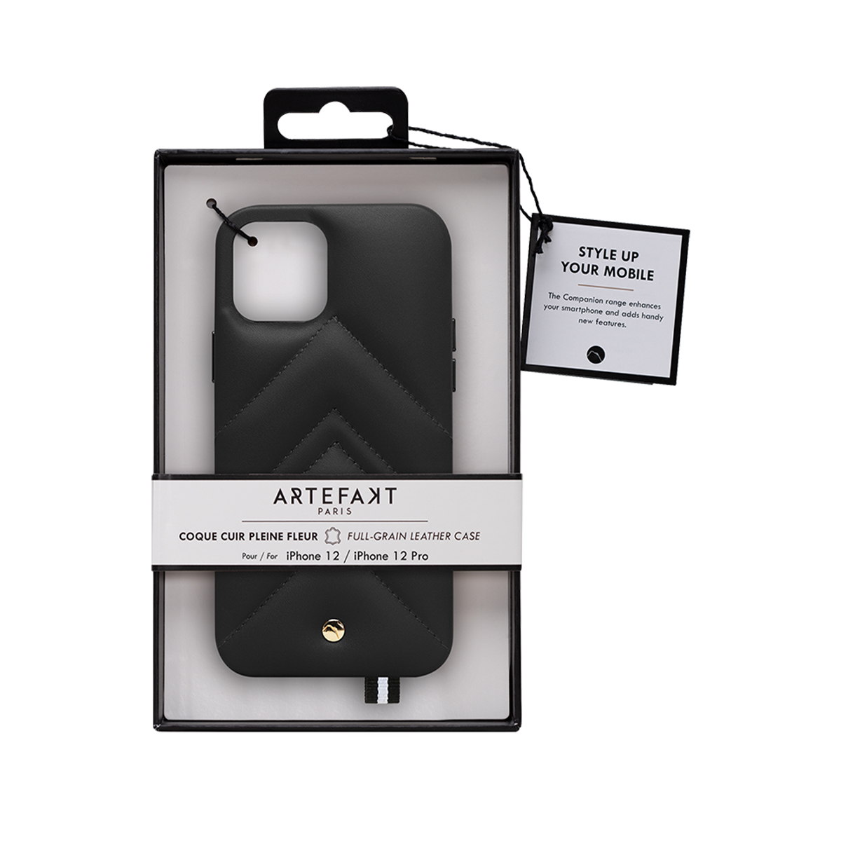 Custodia nera in pelle trapuntata per iPhone 12/12 Pro in confezione.