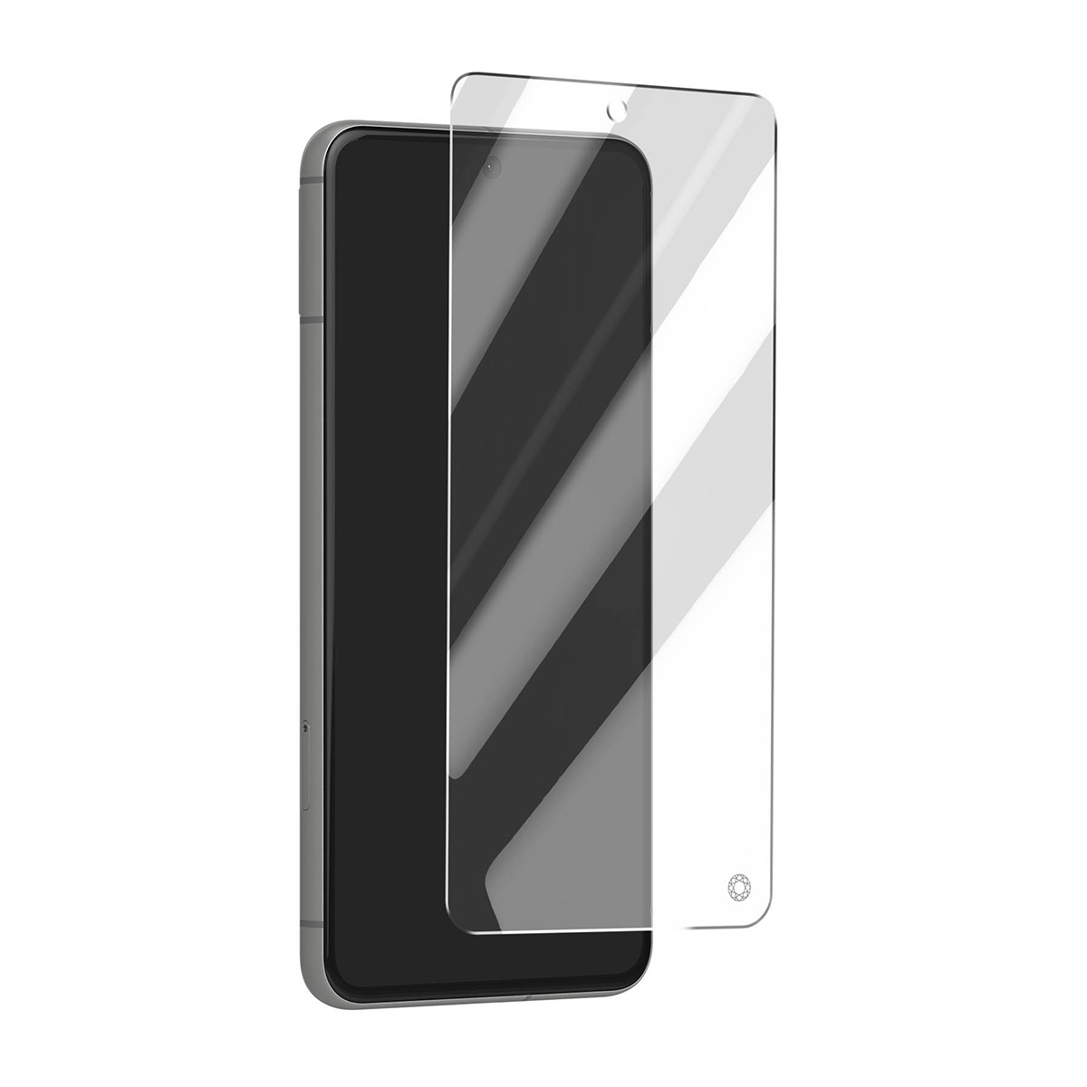 Un smartphone avec un protecteur d'écran devant lui sur fond blanc.