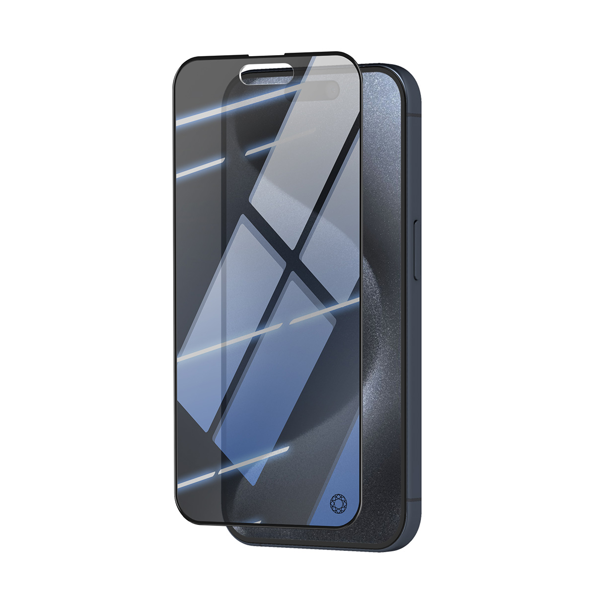 Uno smartphone scuro con protezione schermo, sfondo bianco.