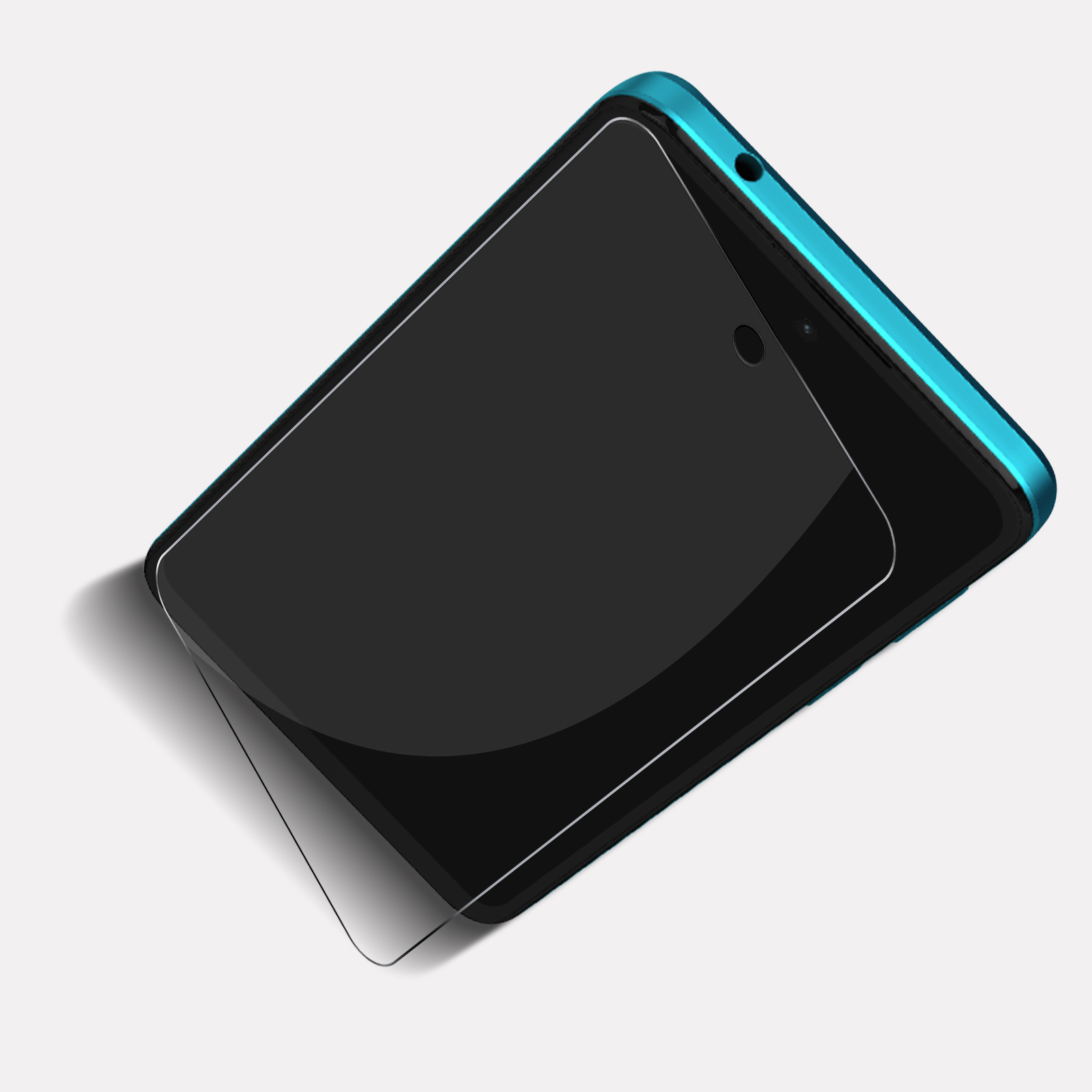 Uno smartphone con cornice blu e schermo nero, con proteggi schermo.