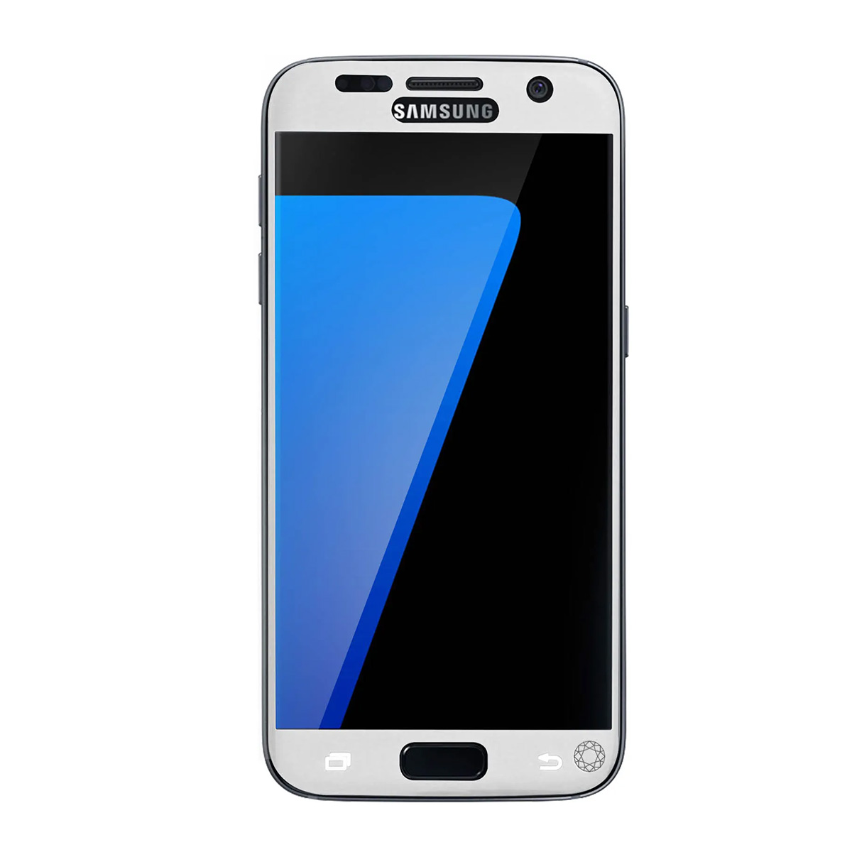 Uno smartphone Samsung bianco con schermo blu e nero.