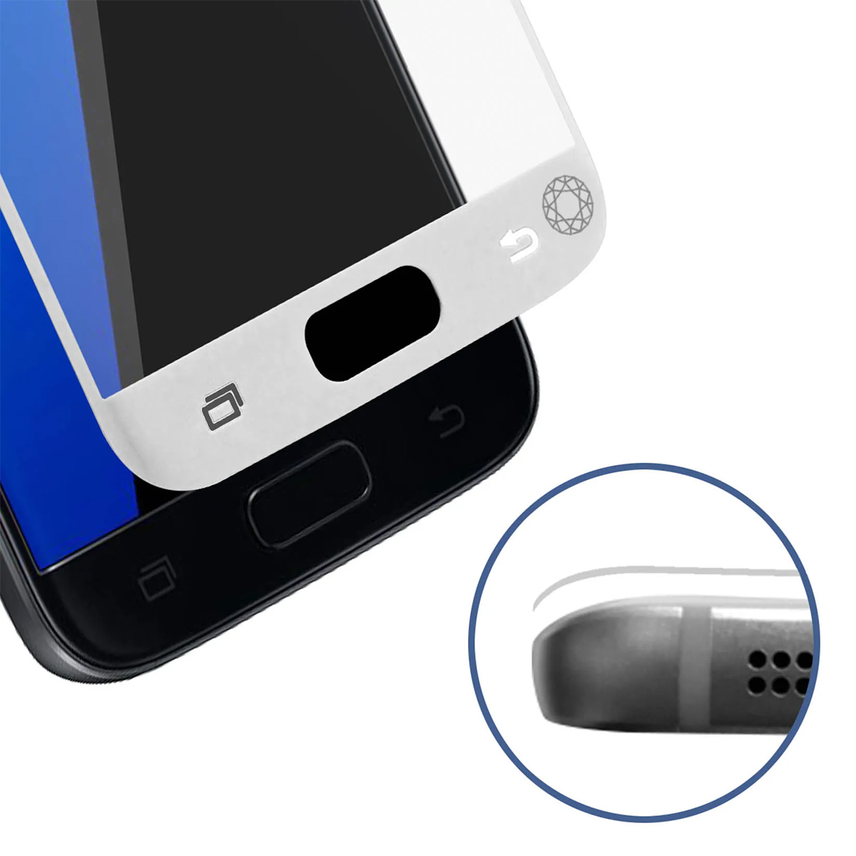 Una protezione schermo bianca giace su uno smartphone nero.