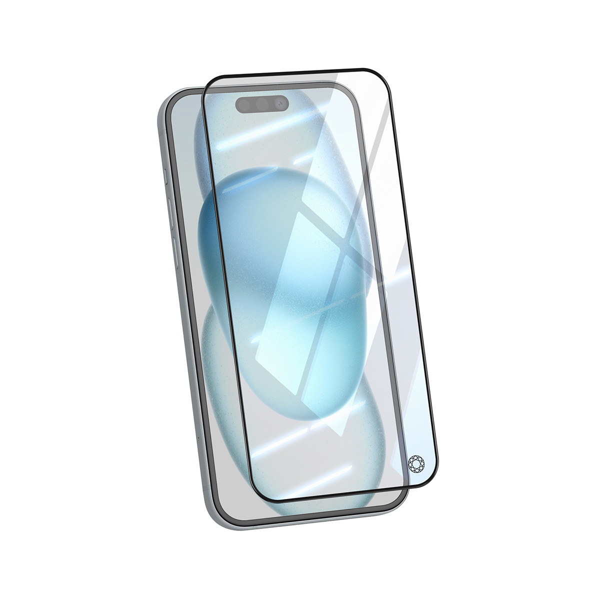 Een heldere screenprotector ligt over een smartphone-scherm met een blauw abstract design.