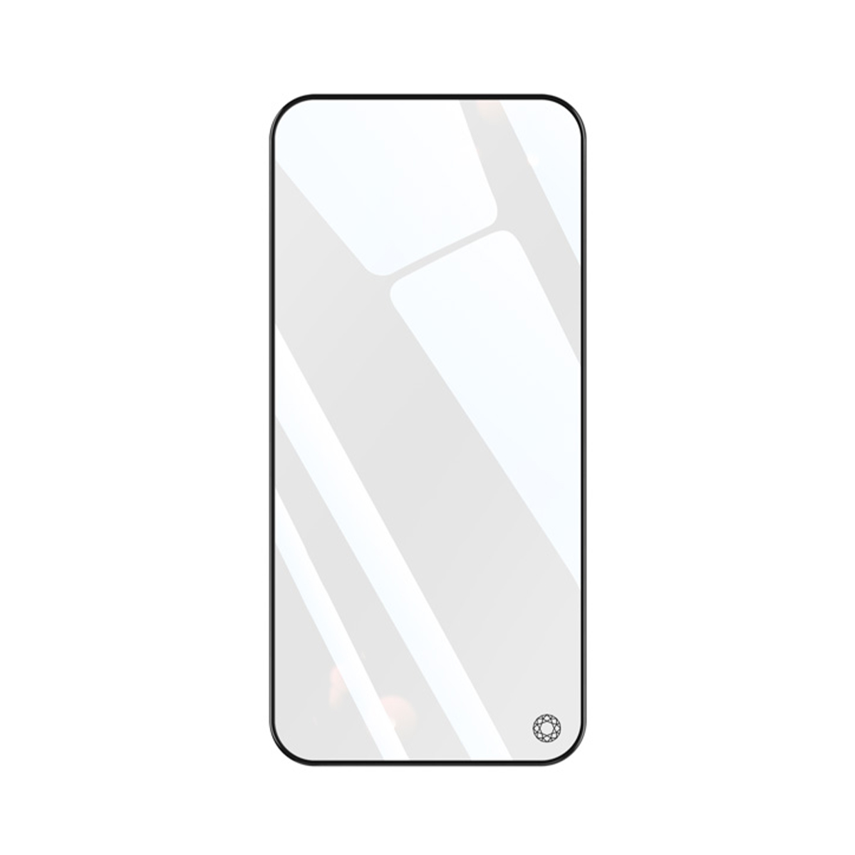 Een lege, rechthoekige telefoon screenprotector met afgeronde hoeken.