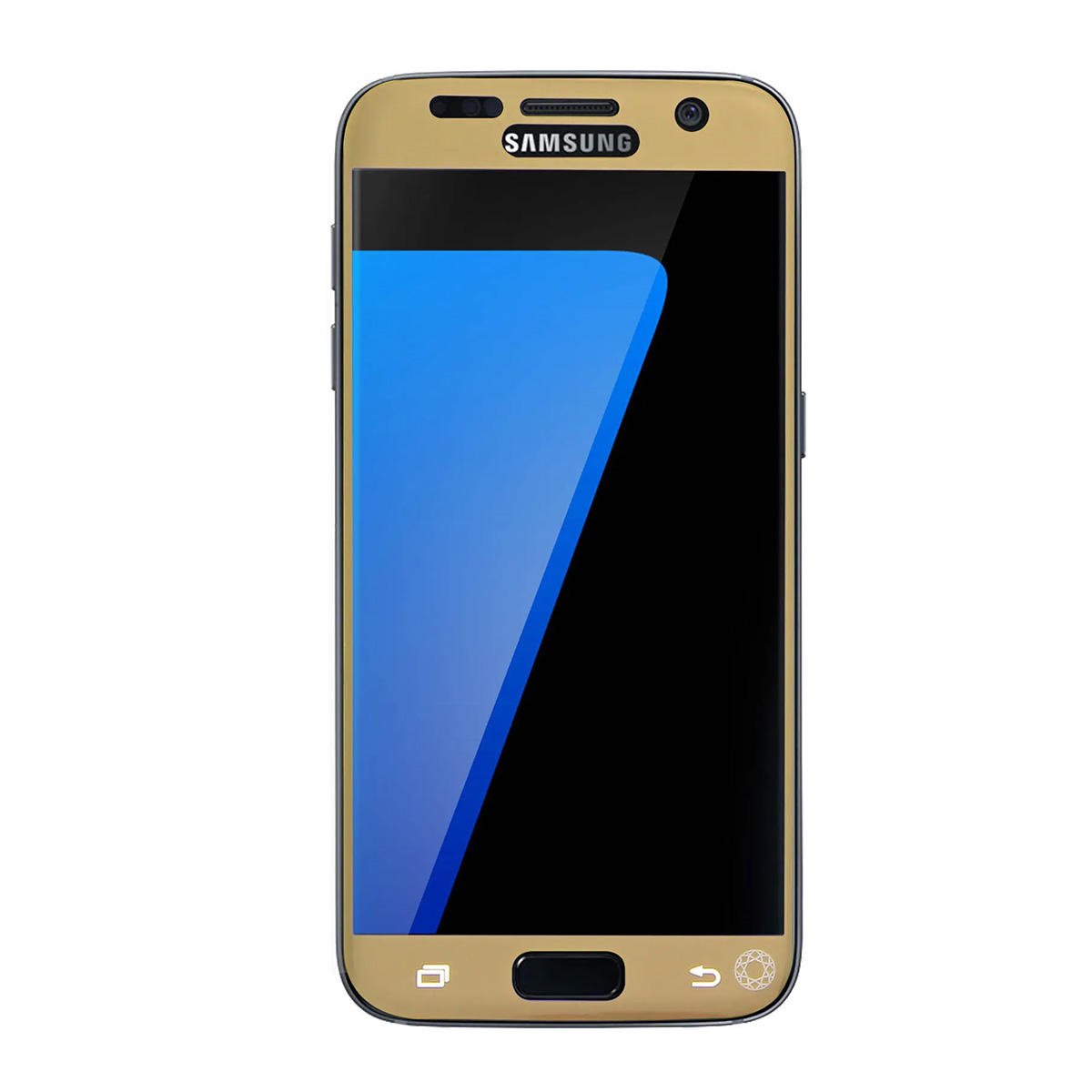 Smartphone Samsung dorato con accento blu sullo schermo.
