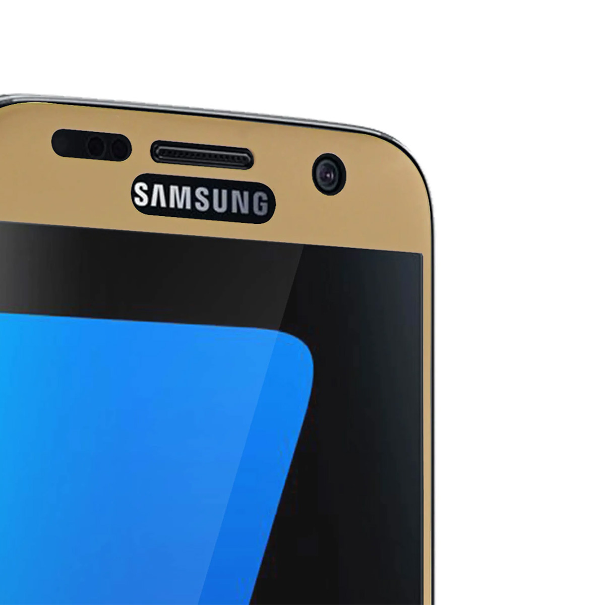 Primo piano di uno smartphone Samsung dorato, con fotocamera e altoparlante.