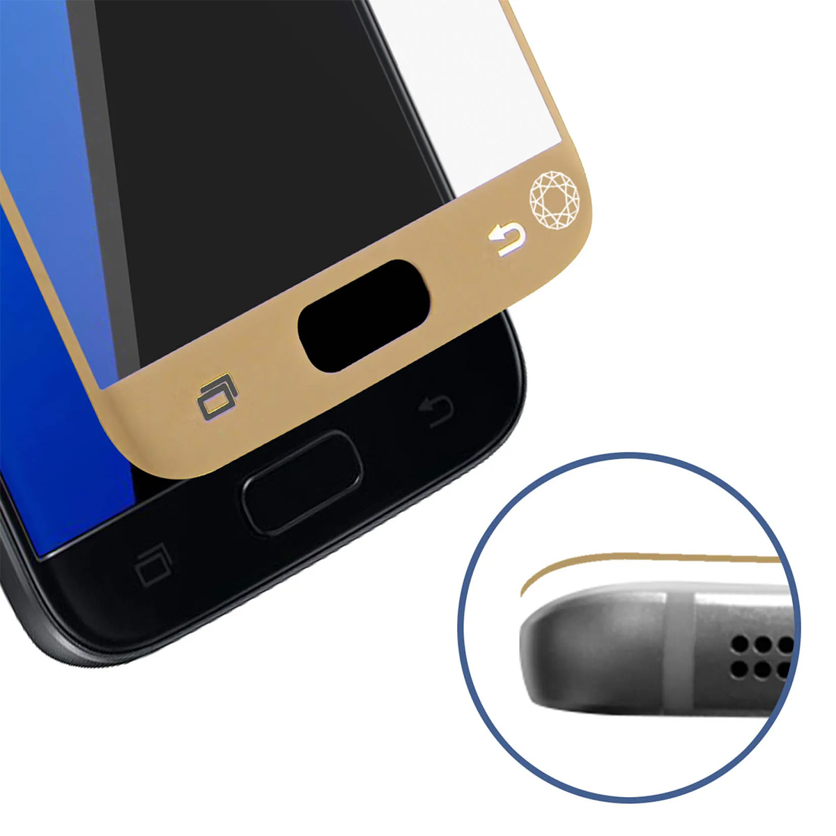 Protezione schermo dorata per smartphone con lente d'ingrandimento sul bordo.