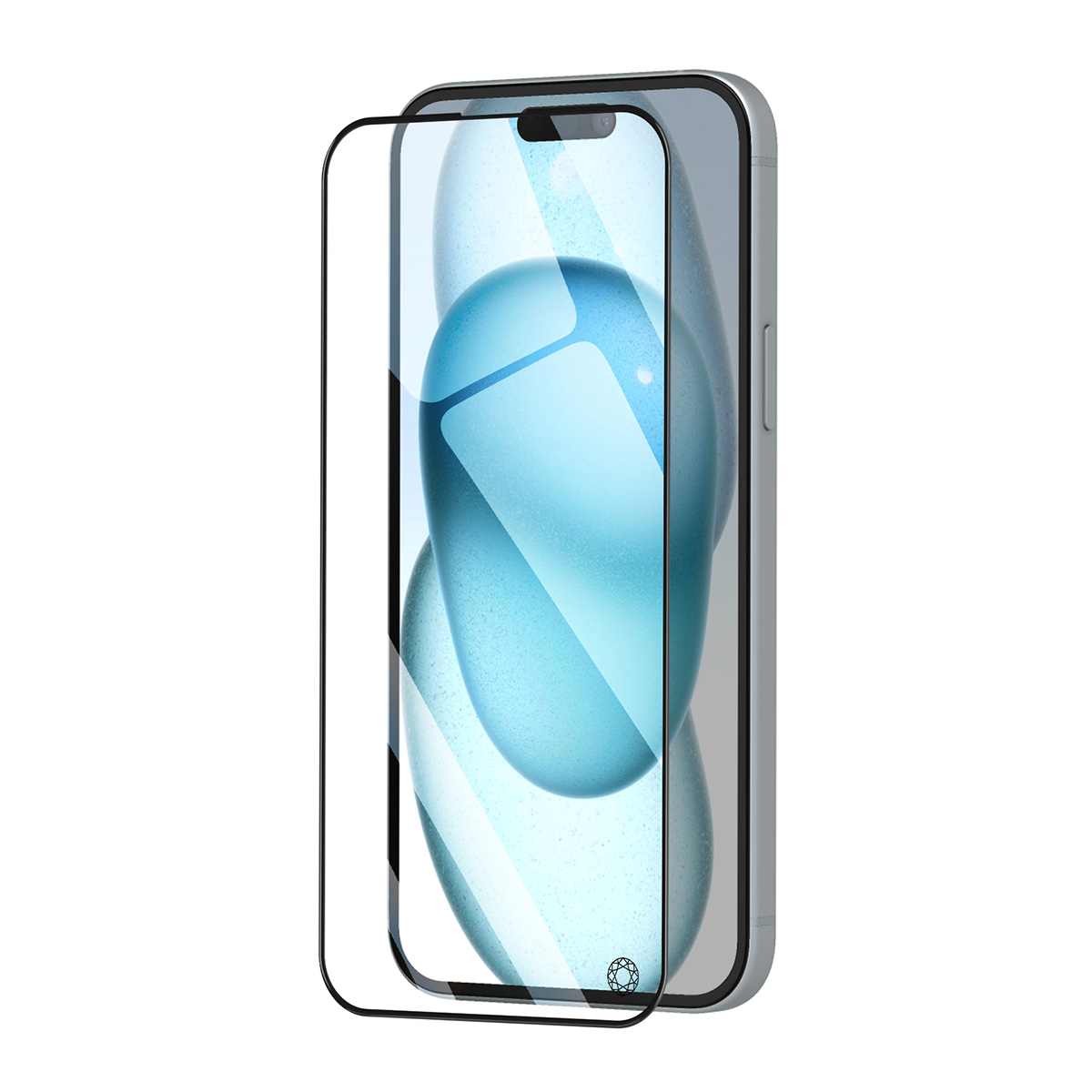 Una protezione per lo schermo si trova su uno smartphone argentato con sfondo blu.