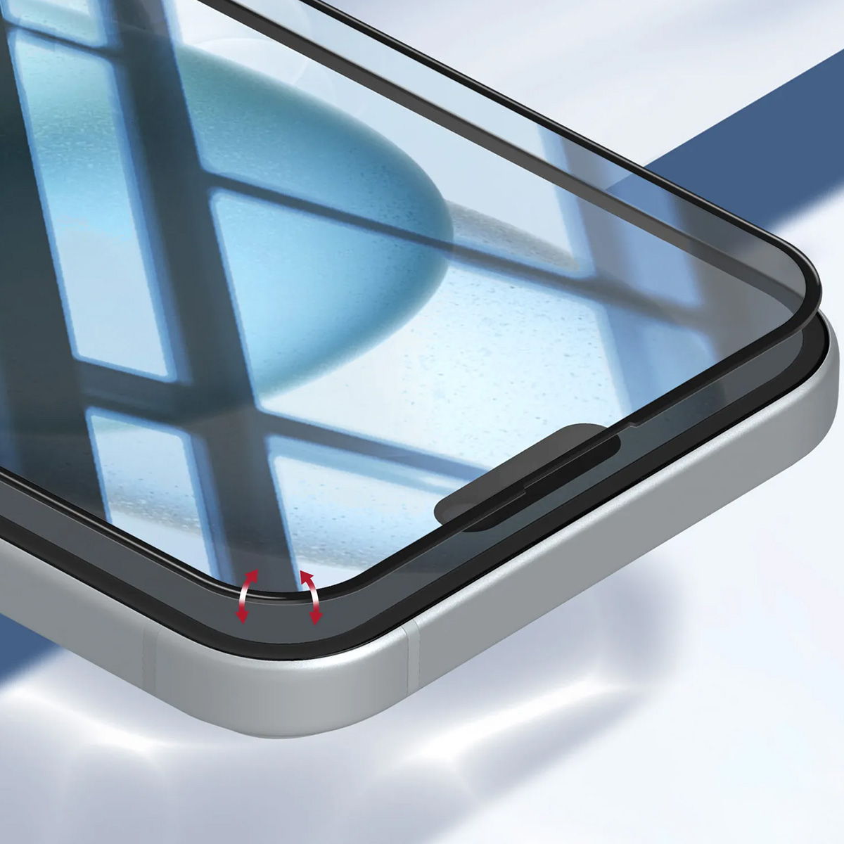 Primo piano di uno smartphone con protezione schermo, con frecce rosse che indicano il bordo.
