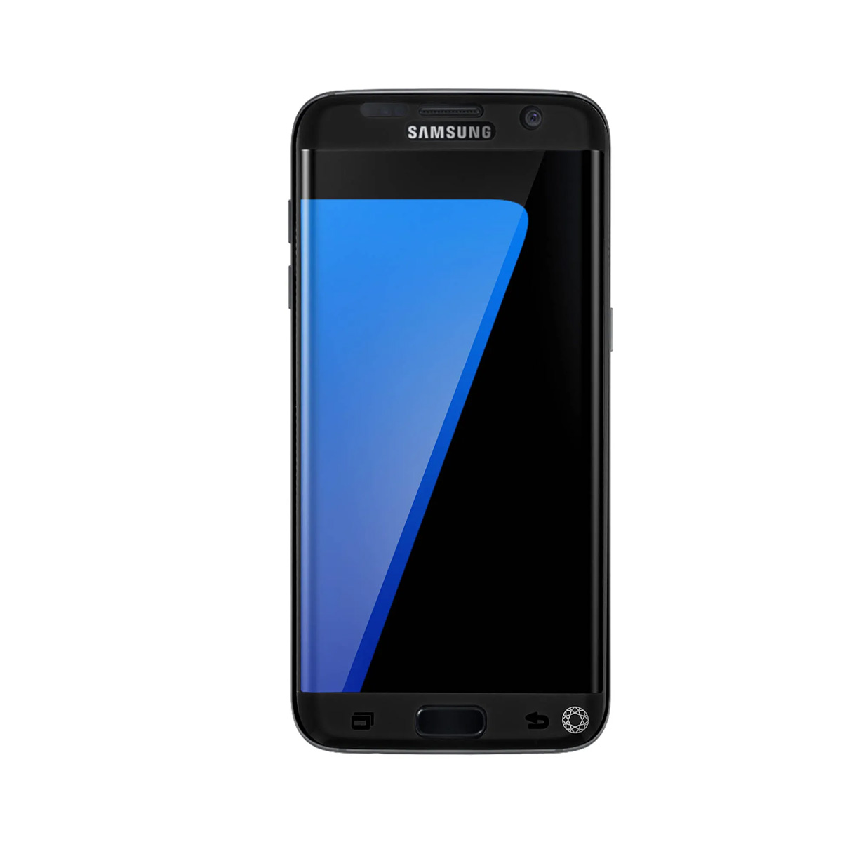 Uno smartphone Samsung nero con schermo blu curvo.