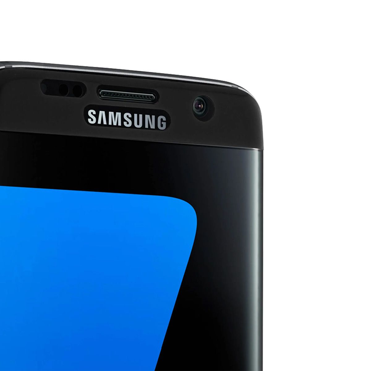 Primo piano di uno smartphone Samsung nero con schermo e logo blu.