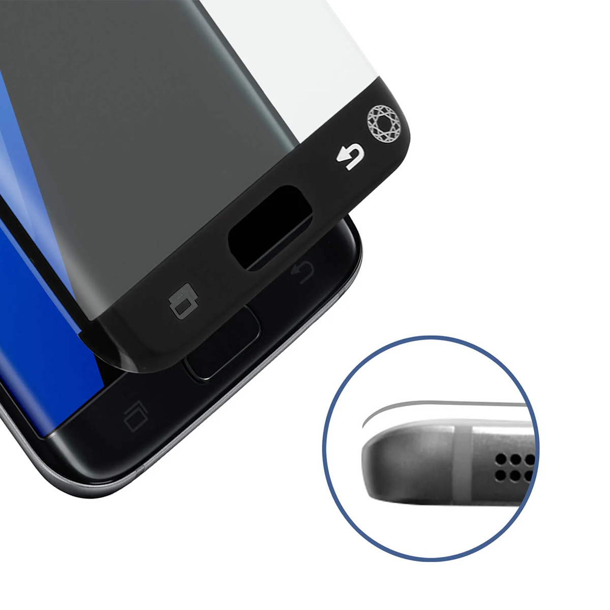 Primo piano di uno smartphone nero con protezione schermo curva. Vista dettaglio mostra i bordi.