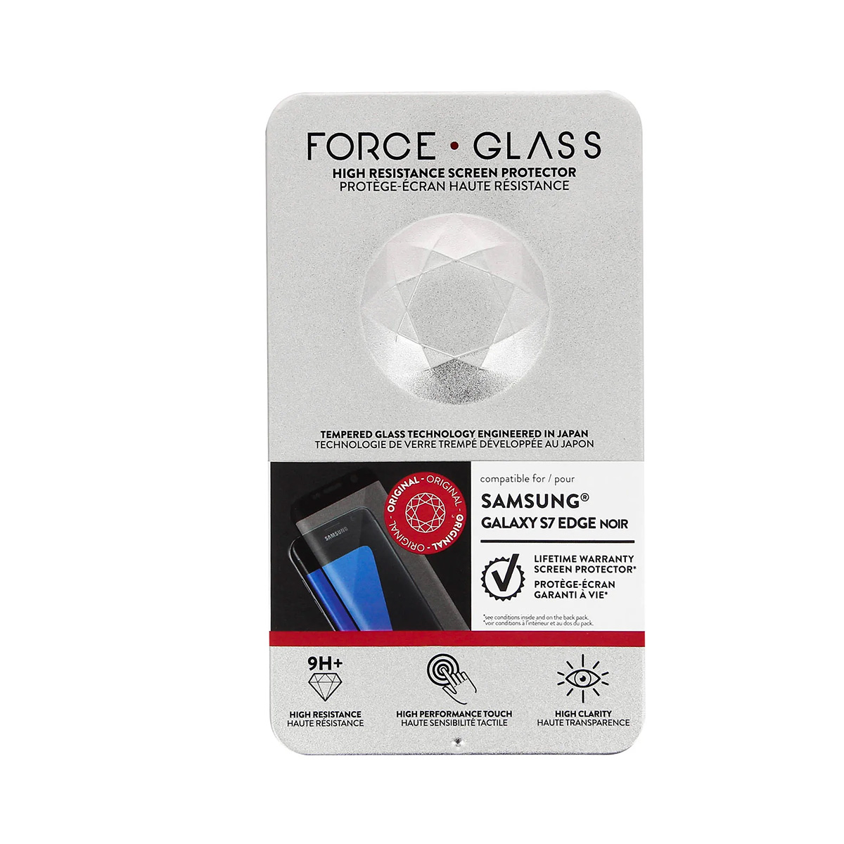 Confezione protettore schermo Force Glass Samsung Galaxy S7 Edge con icone.
