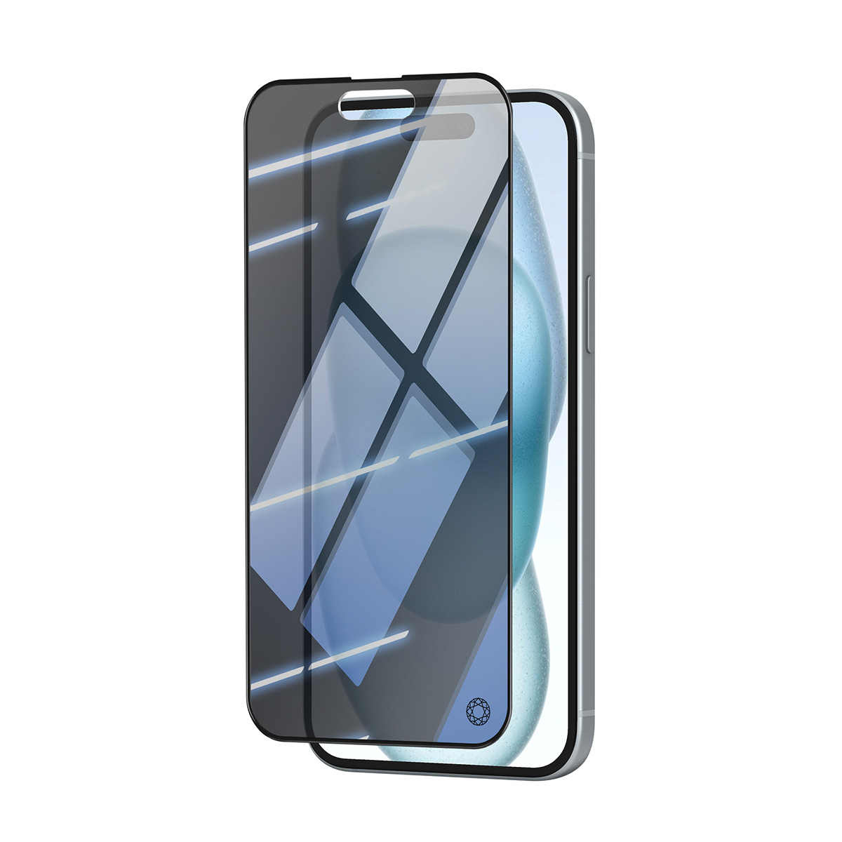 Una protezione schermo in vetro nera su uno smartphone argentato.
