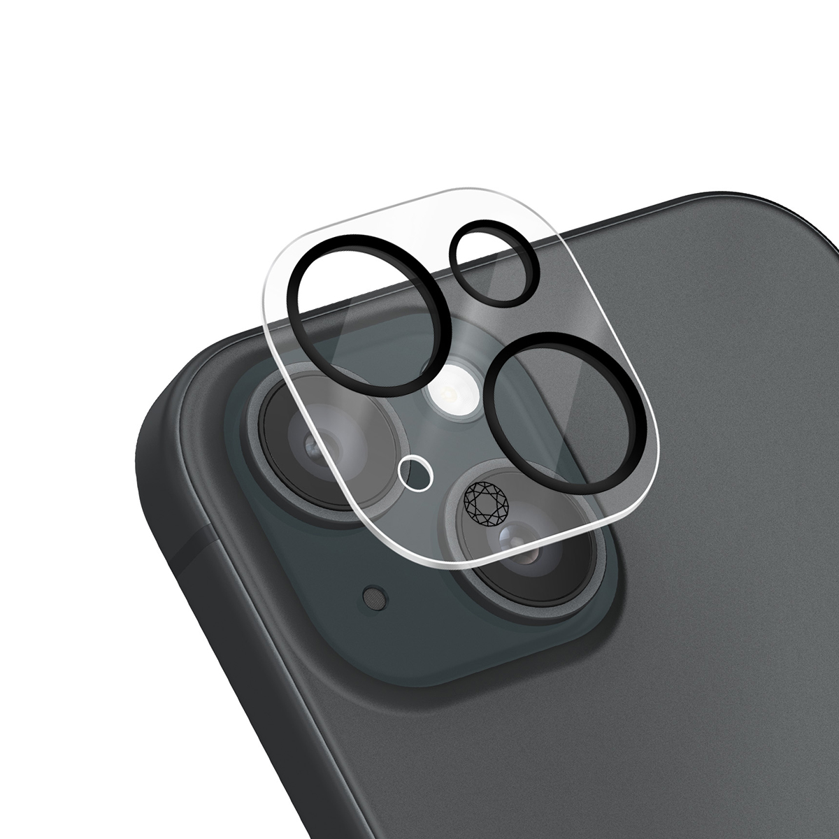 Een heldere screenprotector met zwarte ringen over drie cameralenzen op een donkere telefoonachterkant.