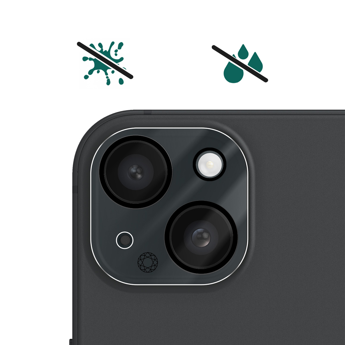 Close-up van een donkere telefooncamera met twee lenzen en flits. Iconen geven aan geen spatten of druppels.