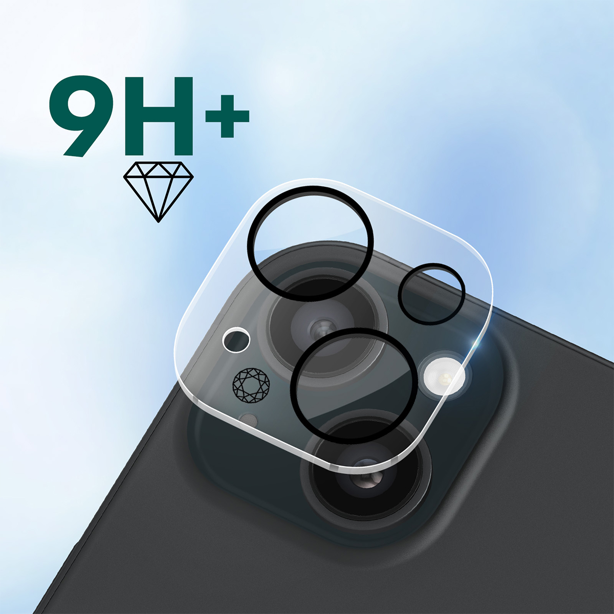 9H+ screenprotector op een telefooncamera met drie lenzen.