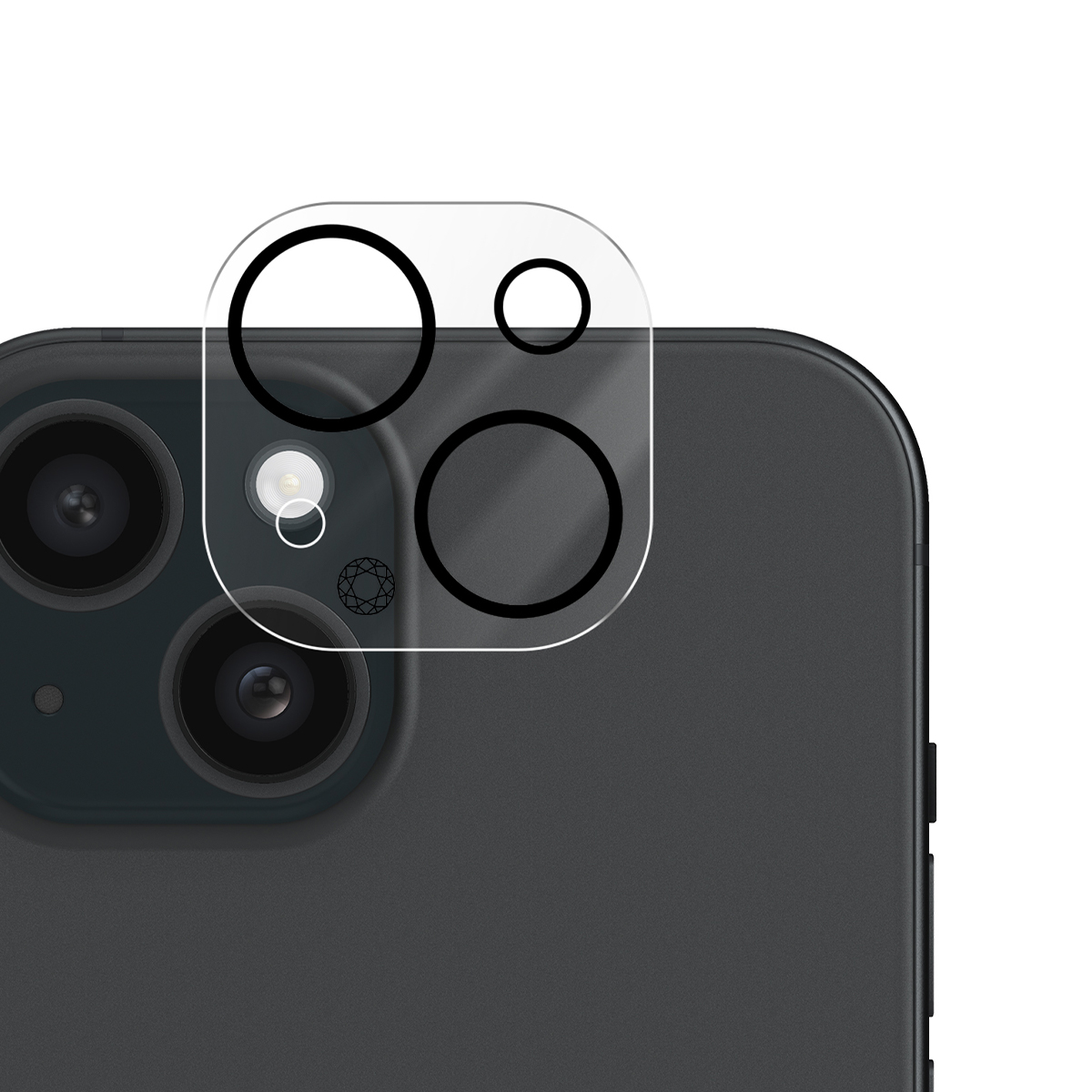 Beschermende folie met cirkels over de cameramodule van een donkere smartphone.