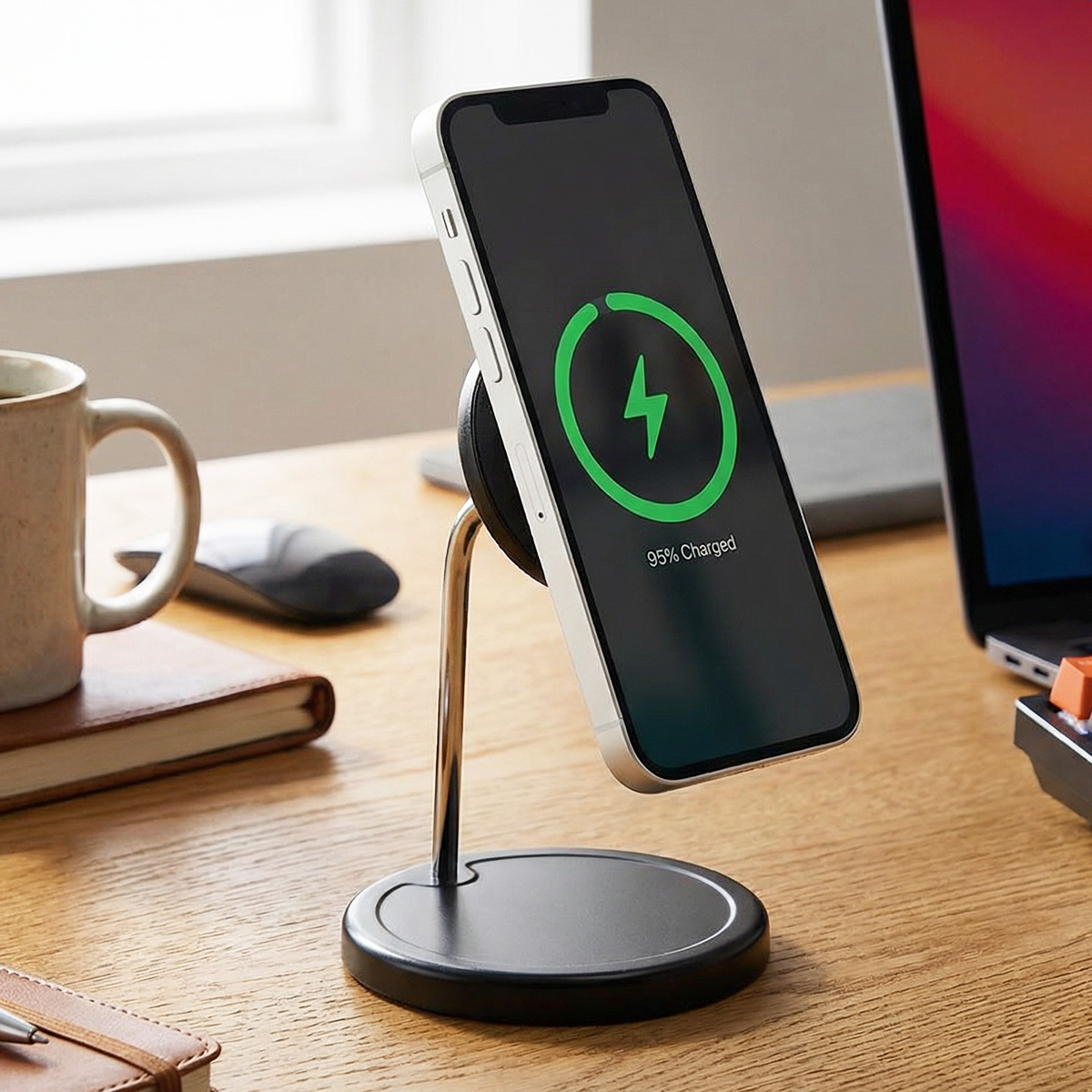 Un smartphone con 95% de carga en un soporte de carga magnético.
