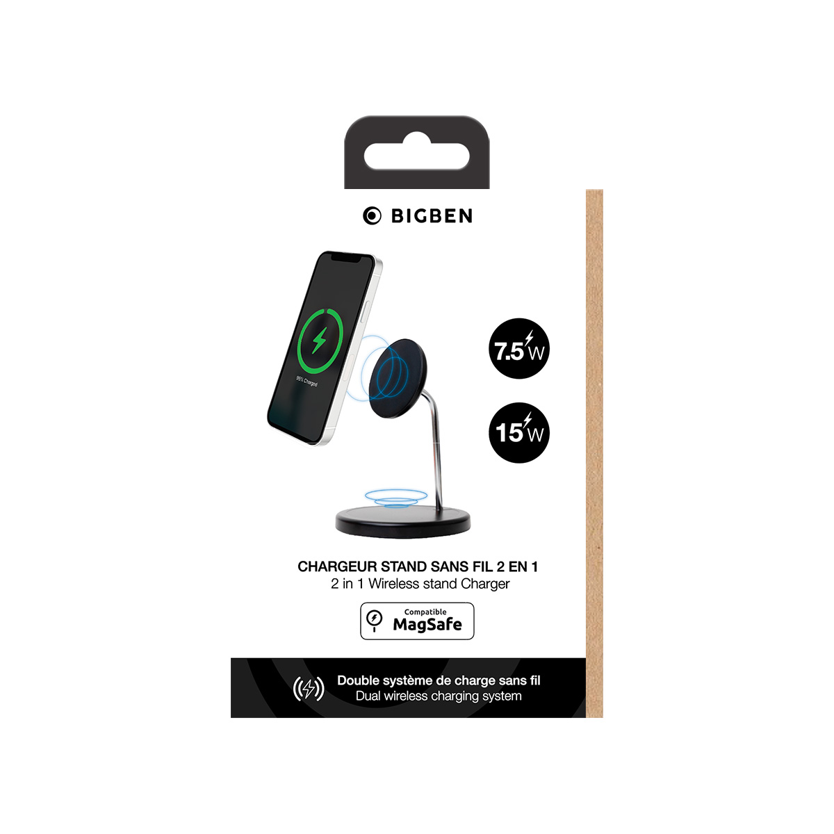 Soporte de carga inalámbrico BIGBEN 2 en 1 con MagSafe, 7,5W/15W.