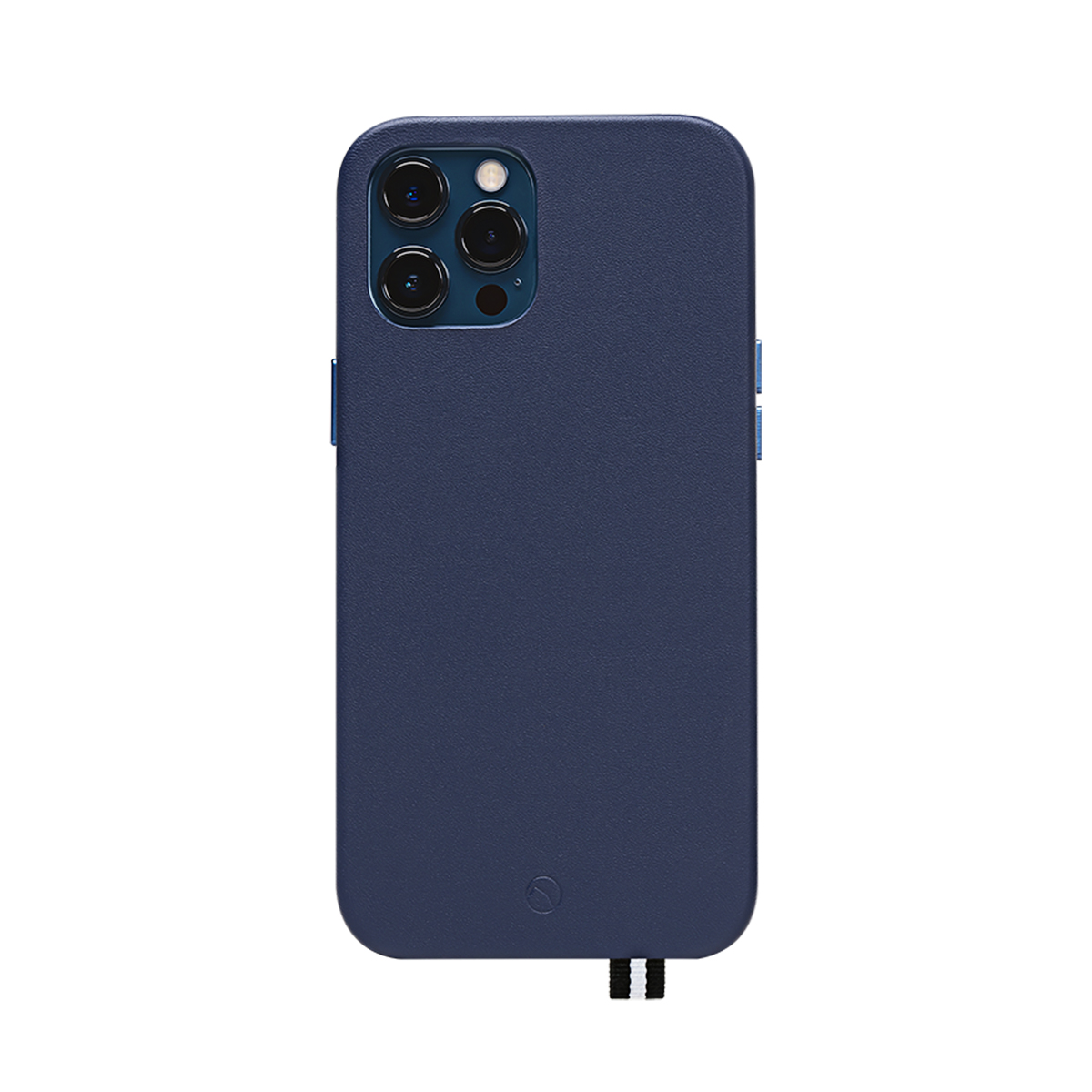 Custodia blu scuro per telefono con tre fotocamere e un logo.