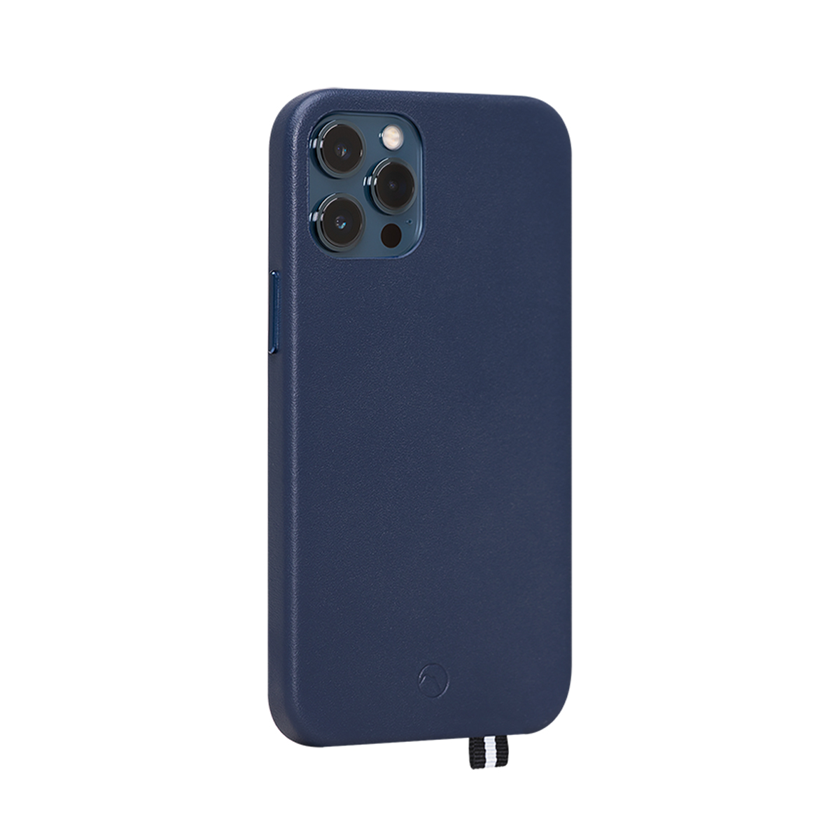Custodia blu scuro per telefono con ritaglio fotocamera e laccetto.