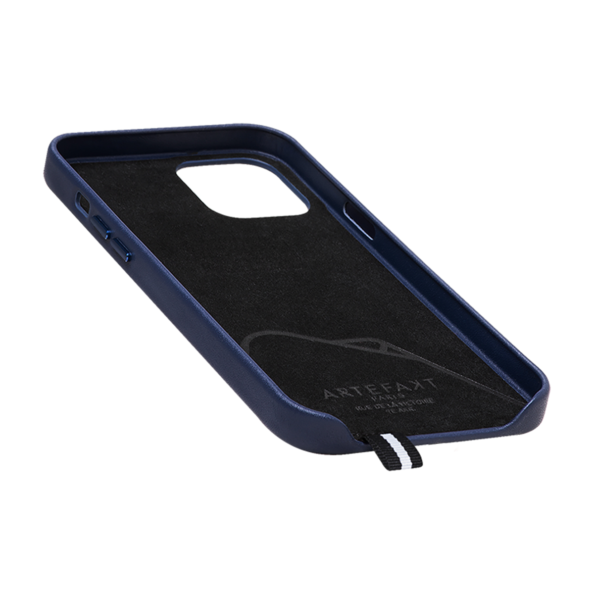 Custodia blu scuro con fodera interna nera e etichetta bianco e nero.
